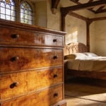 A vintage bedroom aesthetic featuring a solid oak dresser and heritage timber furniture in the Arts and Crafts style.