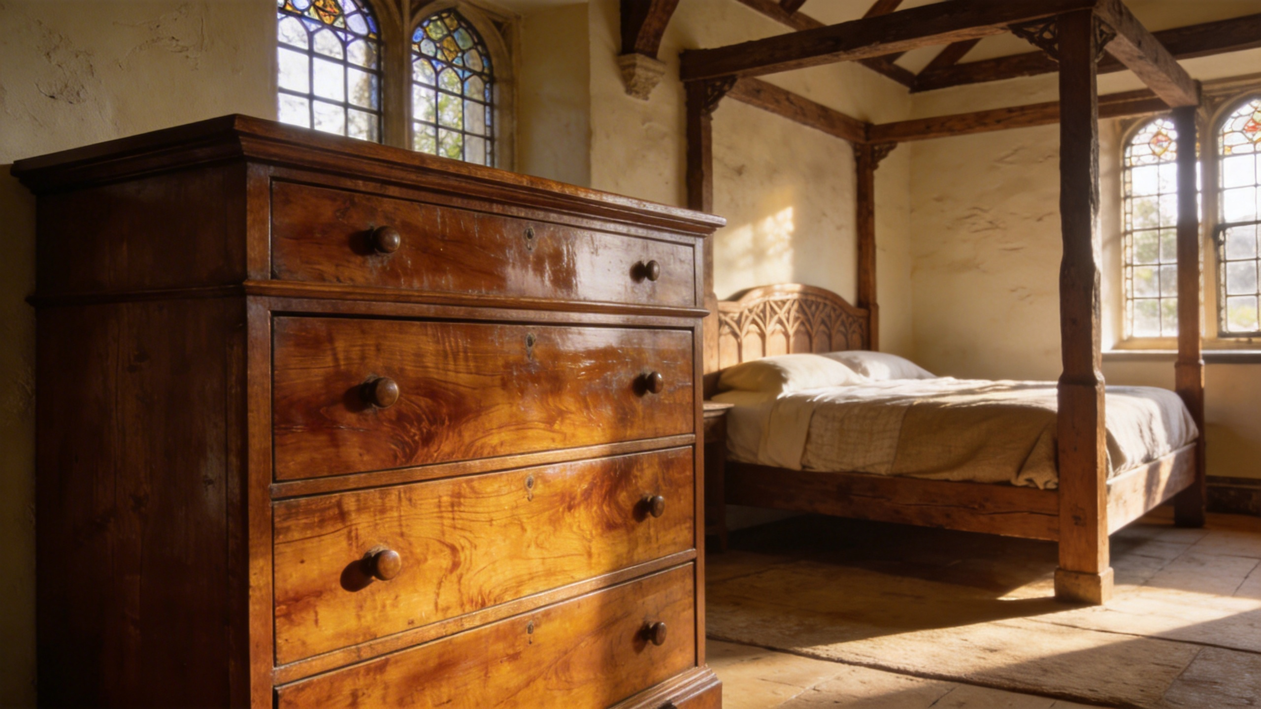 A vintage bedroom aesthetic featuring a solid oak dresser and heritage timber furniture in the Arts and Crafts style.