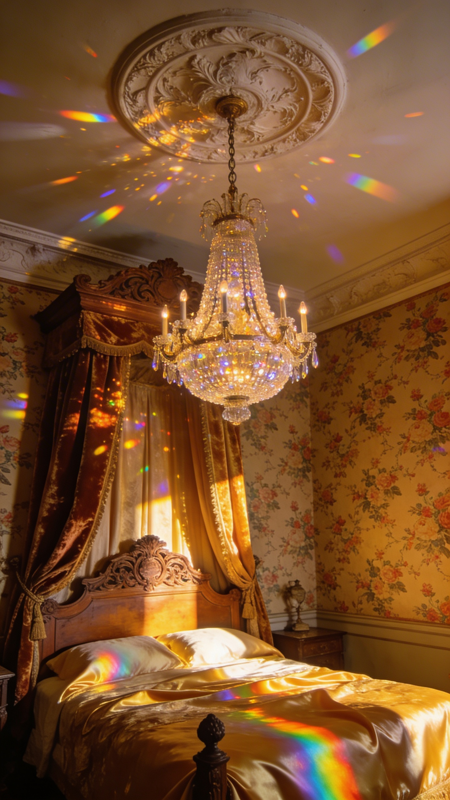 A vintage aesthetic bedroom featuring a glowing crystal chandelier that casts rainbow light patterns across a mahogany bed and floral wallpaper.