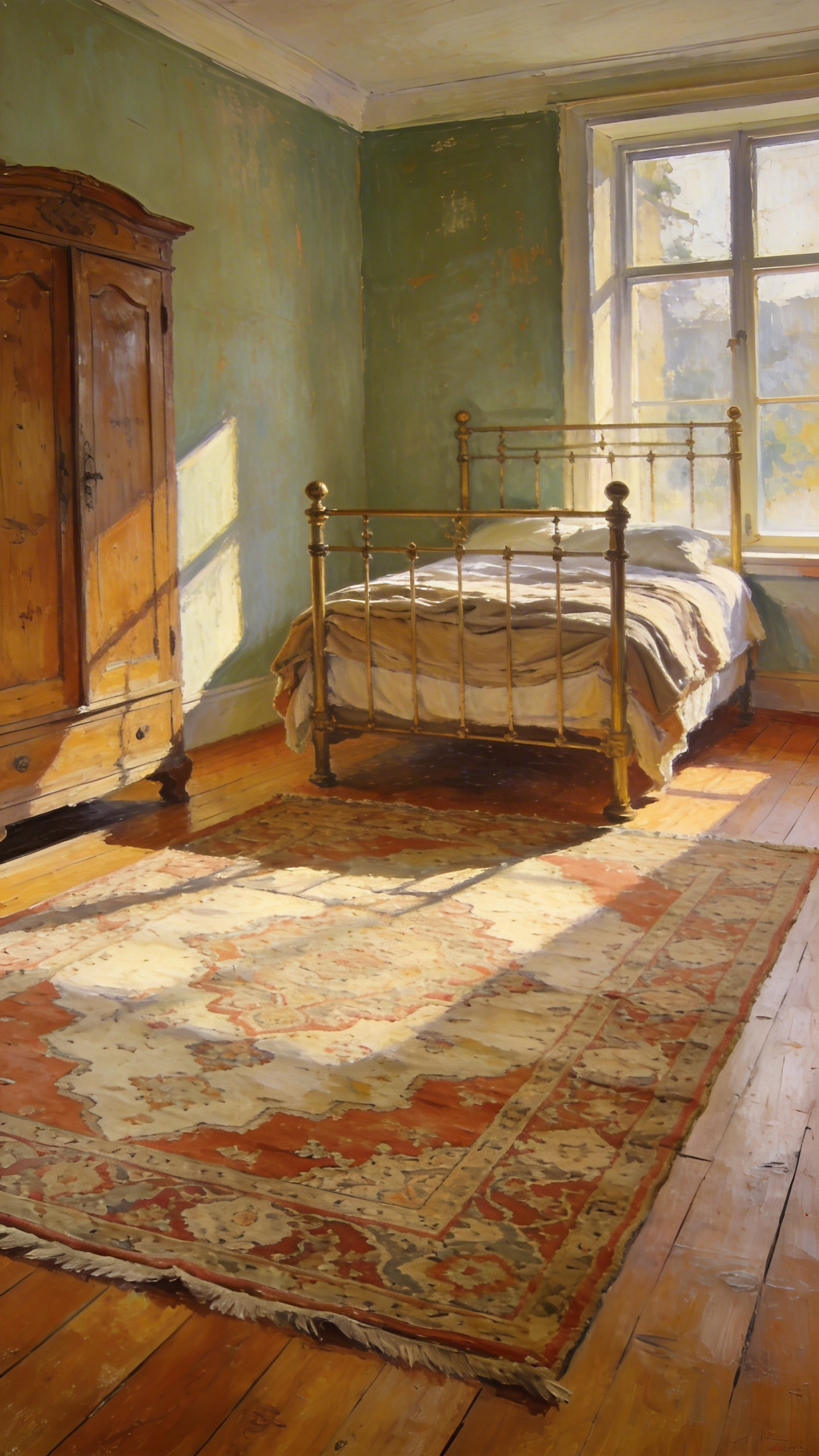 A vintage aesthetic bedroom with a faded hand-knotted Oushak rug and antique brass bed in soft morning sunlight.