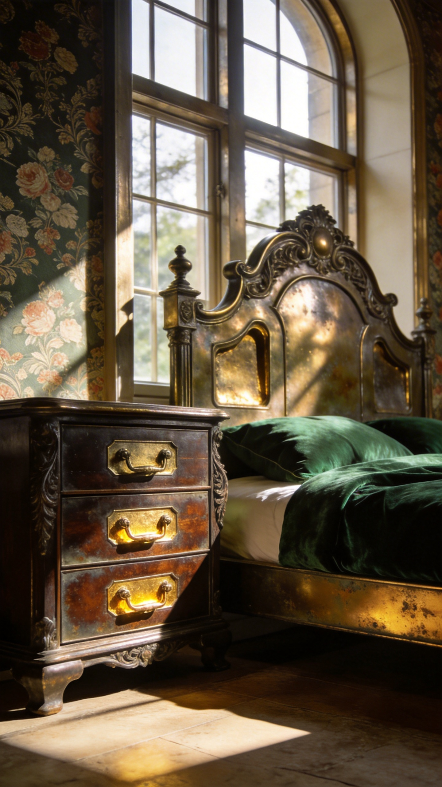 A luxury vintage bedroom interior featuring an antique dresser with unlacquered brass hardware and an aged bronze bed frame under warm natural light.
