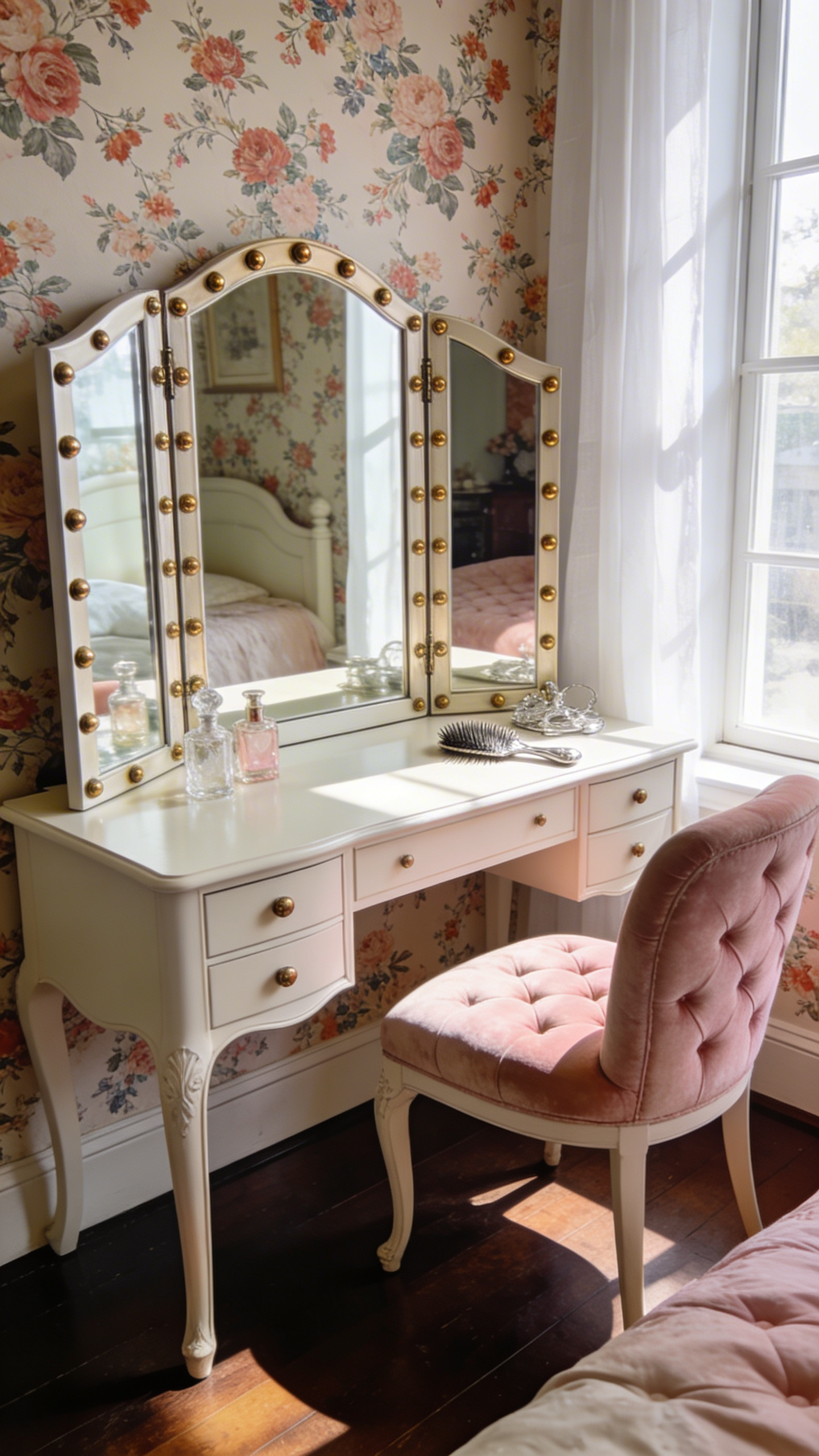 A vintage bedroom aesthetic featuring an elegant ivory dressing table with a brass-framed tri-fold mirror and a pink velvet chair.