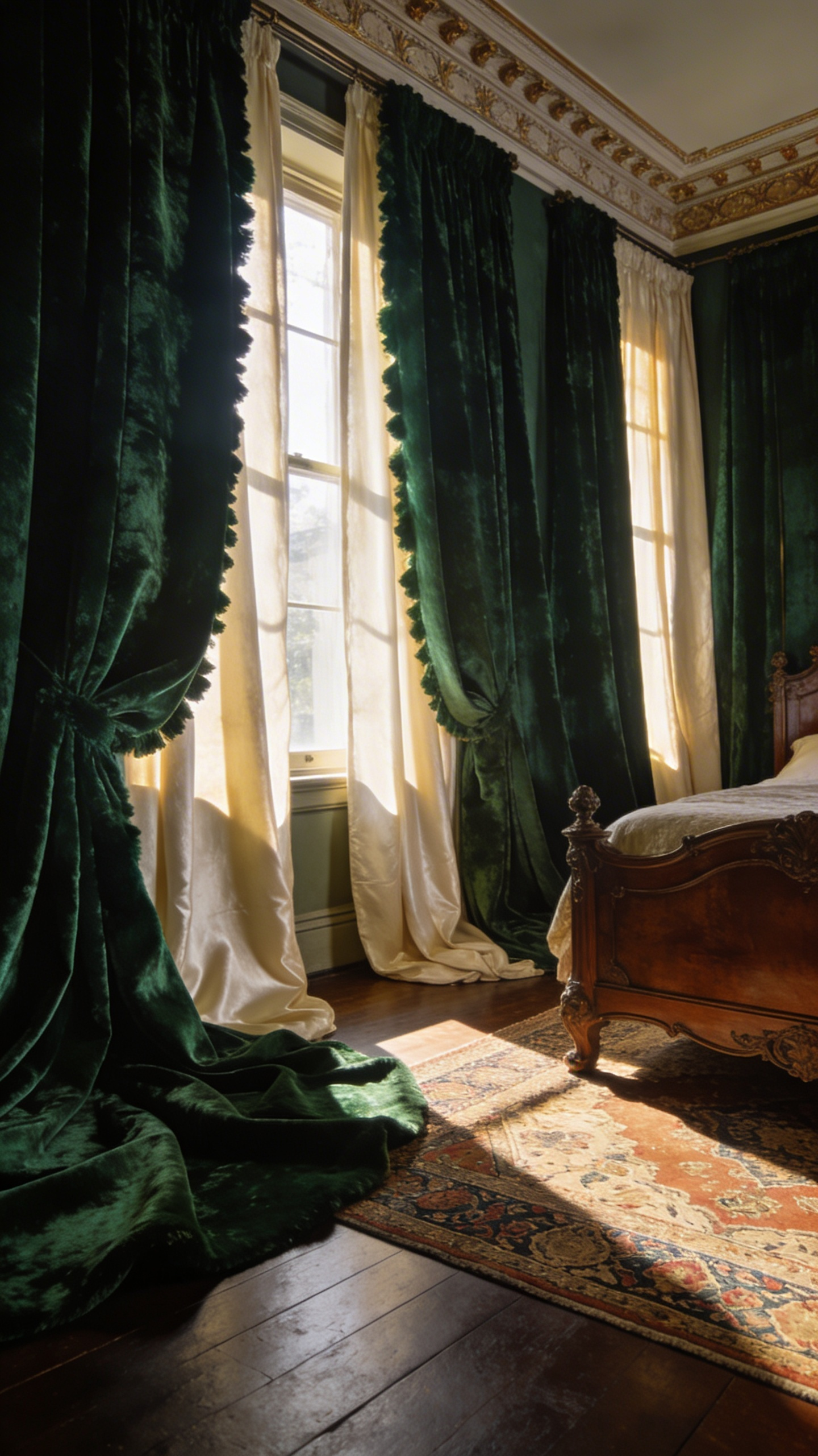 A luxurious vintage bedroom interior with heavy emerald green velvet curtains and raw silk window treatments in a period drama style.