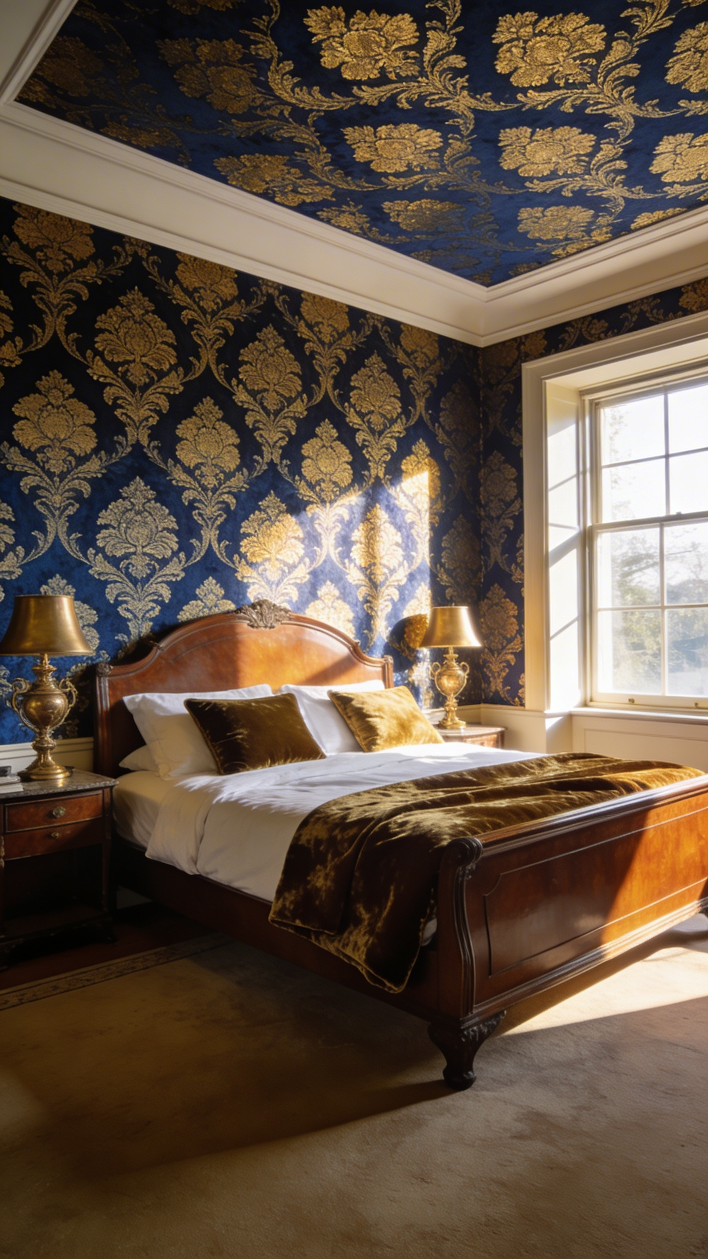 A sophisticated vintage bedroom featuring large-scale navy and gold damask wallpaper and a mahogany bed.