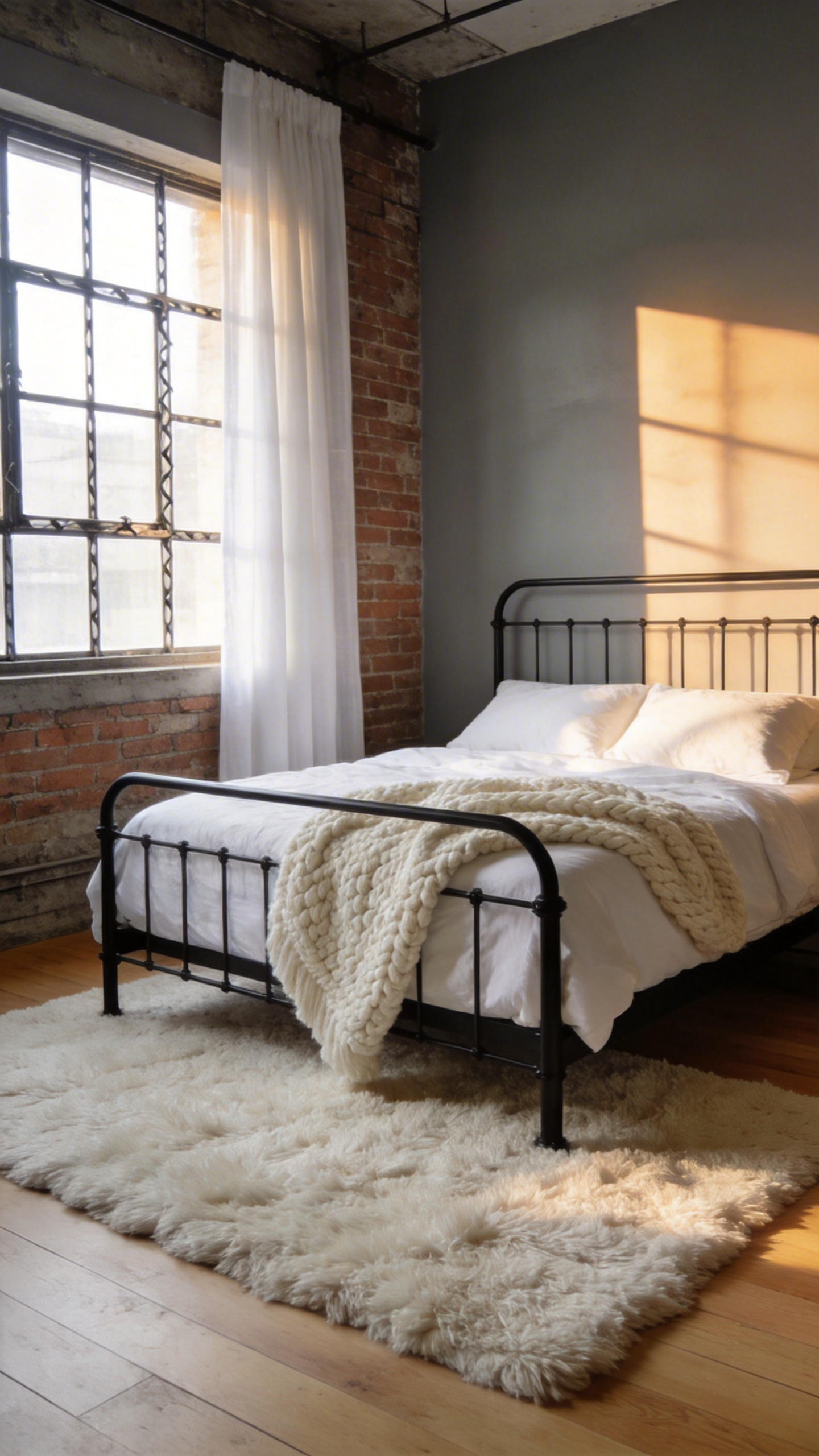 A master bedroom for couples featuring a blend of industrial metal accents and soft plush textiles in a neutral color palette.