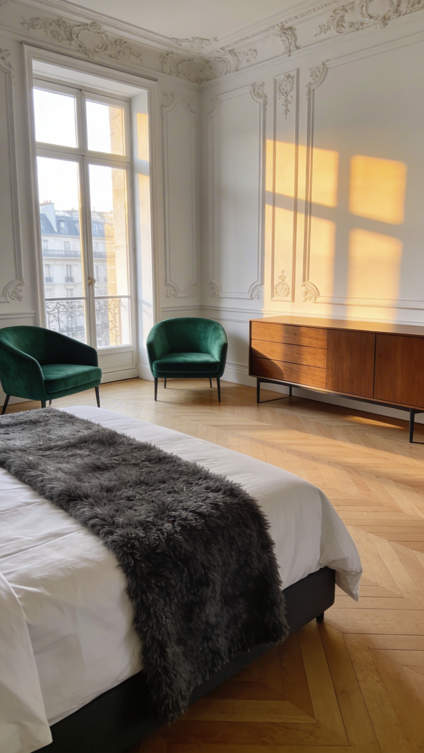A luxury master bedroom featuring a mix of Parisian architectural details and mid-century modern furniture to show bedroom ideas for couples.
