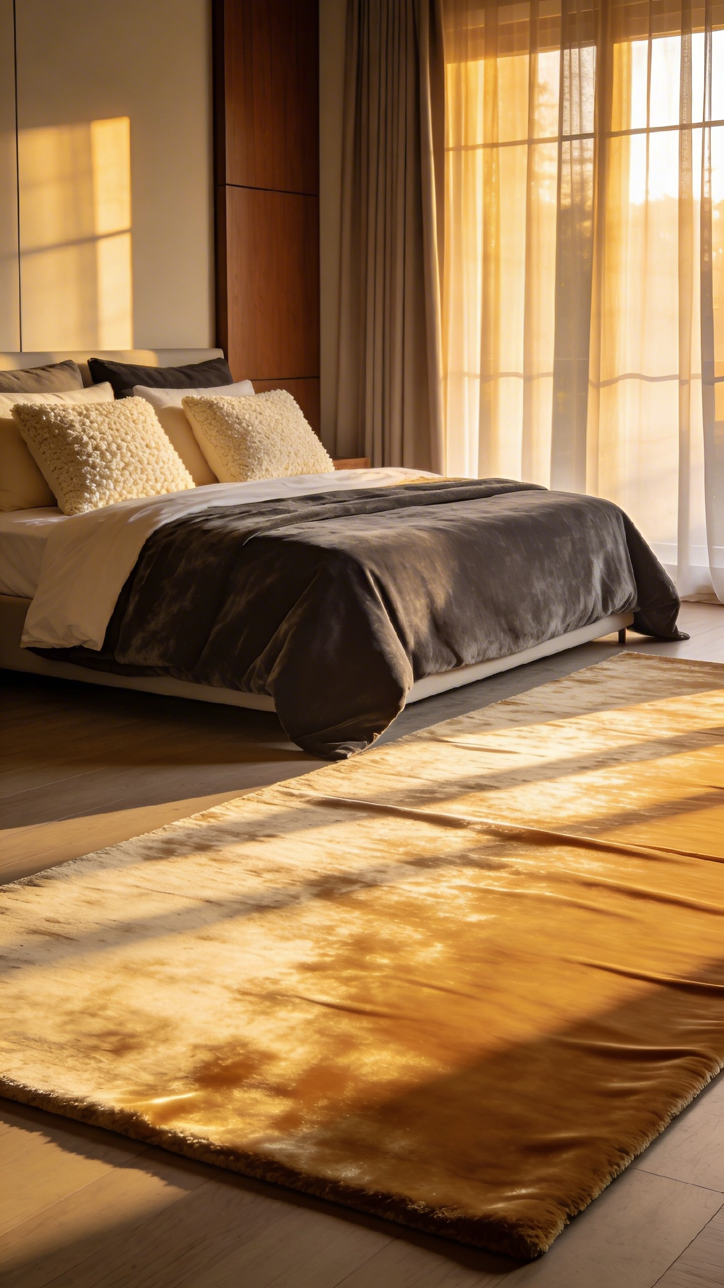 A full-scene view of a luxurious bedroom with sensory-rich materials including bouclé, linen, and a silk rug designed for comfort and relaxation.