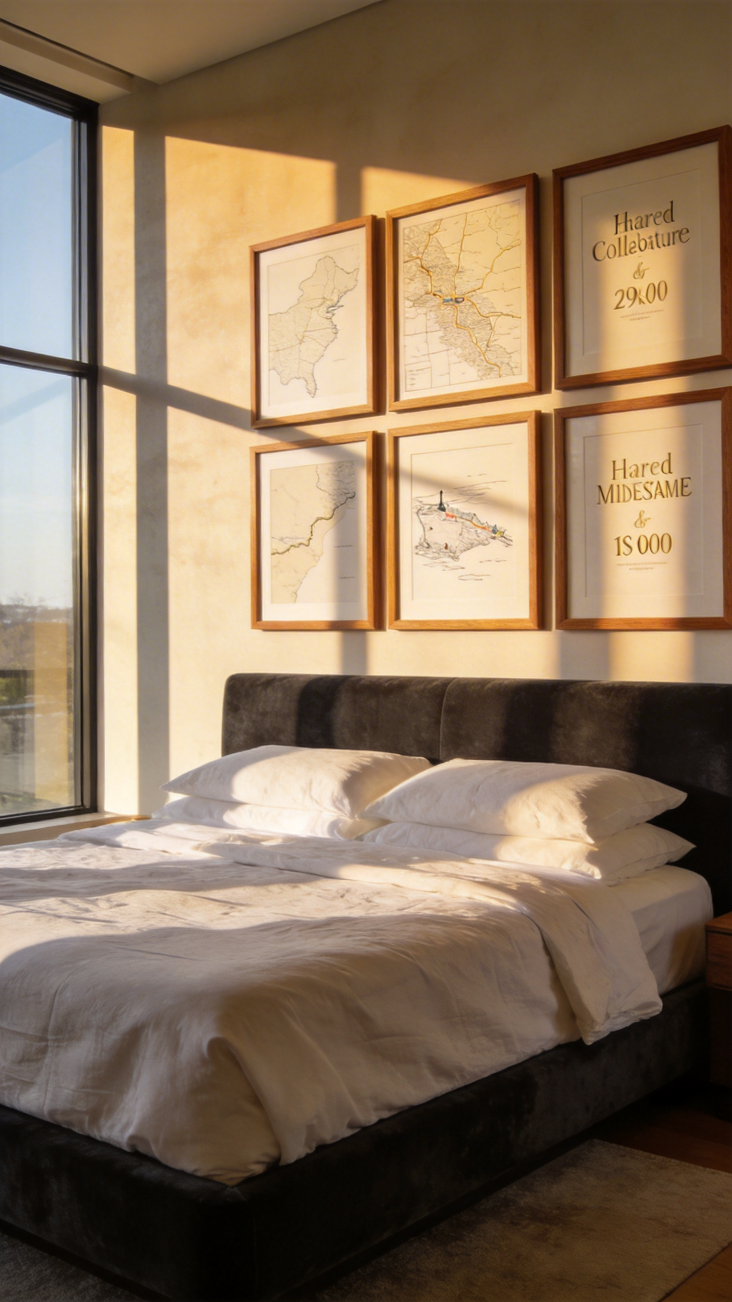 A bright and modern master bedroom showcasing a curated gallery wall of meaningful artwork and maps as a collaborative design idea for couples.