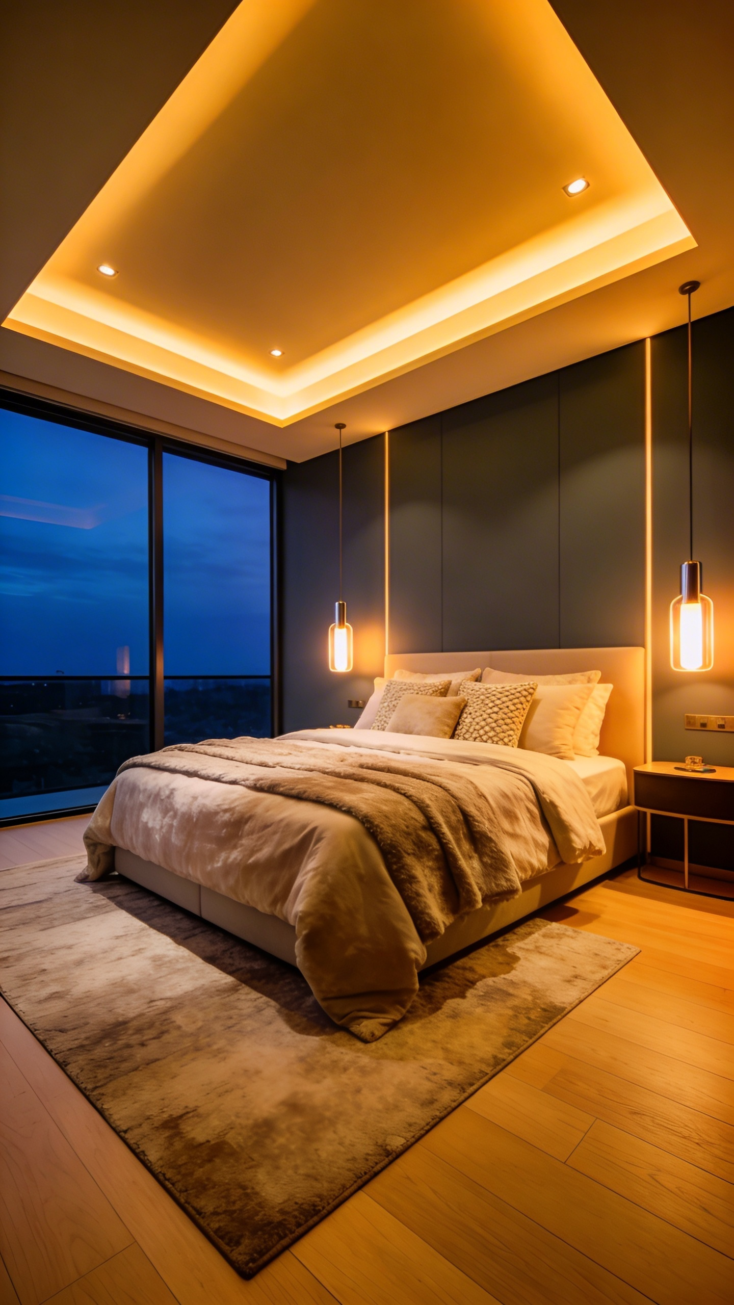 A sophisticated modern bedroom for a couple featuring warm amber smart lighting and plush neutral bedding.