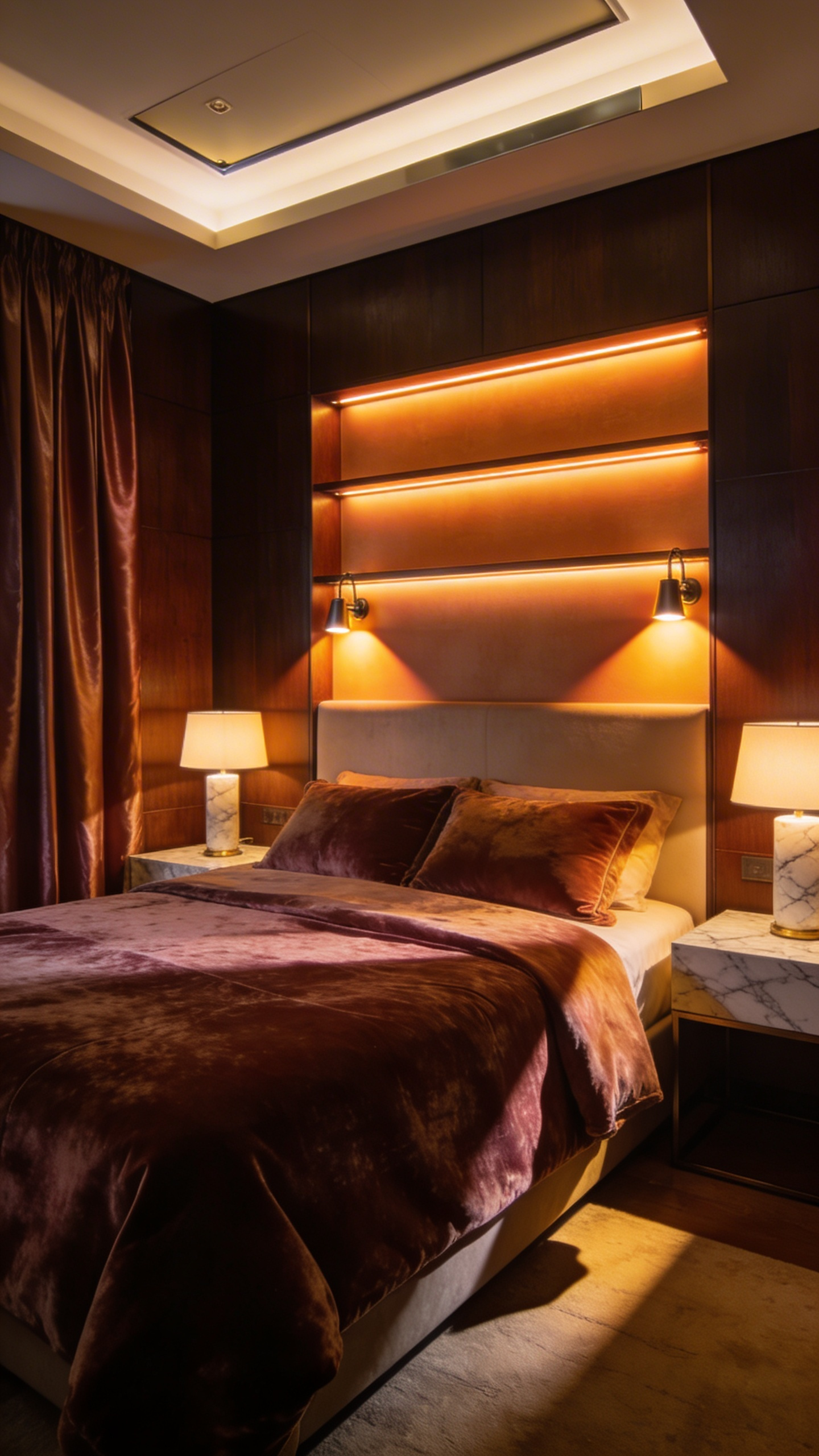 A luxurious bedroom for couples featuring three layers of lighting with ambient ceiling lights, bedside lamps, and focused reading sconces.