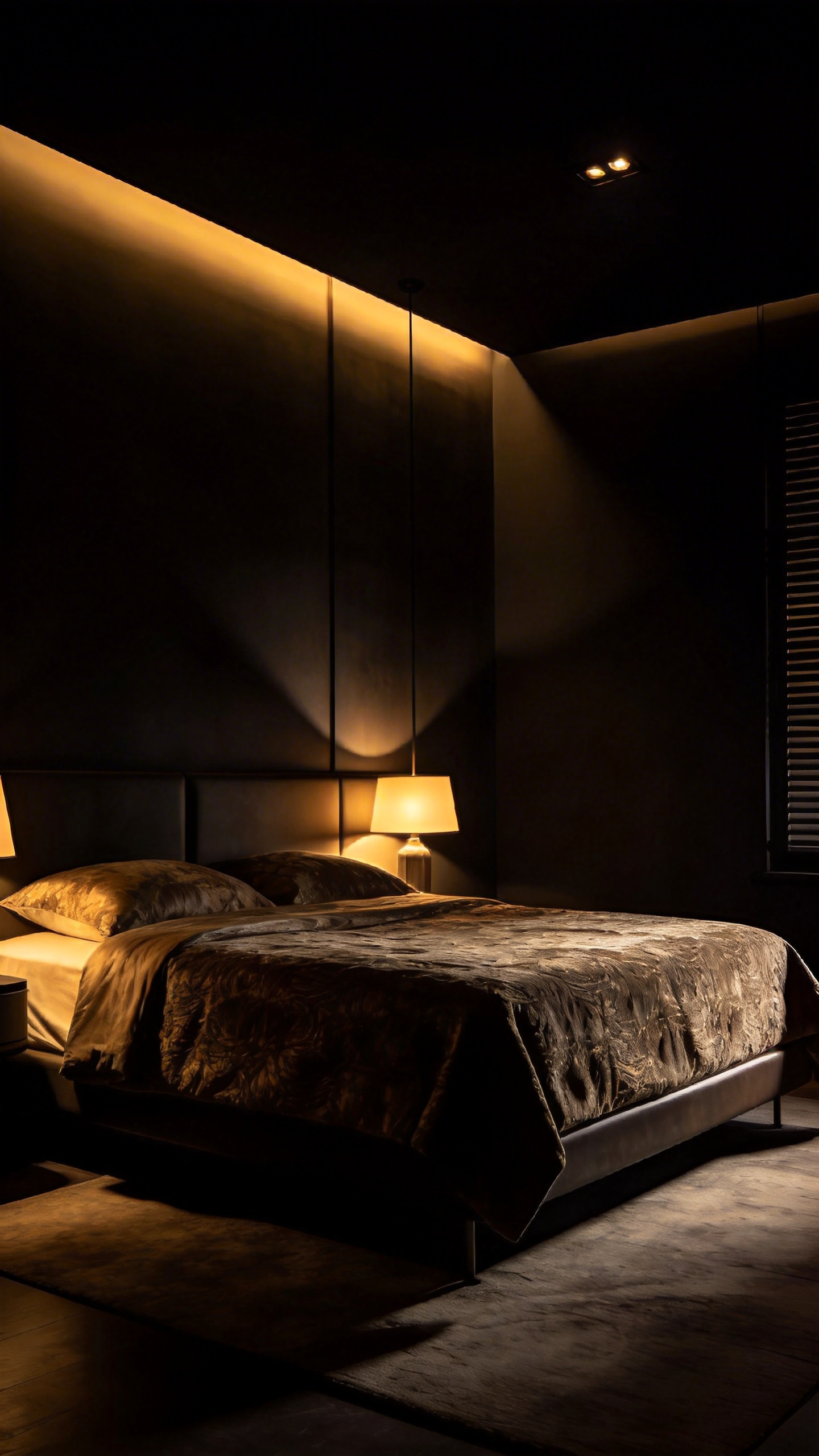 A sophisticated master bedroom using warm accent lighting and strategic shadows to create a romantic chiaroscuro ambiance.