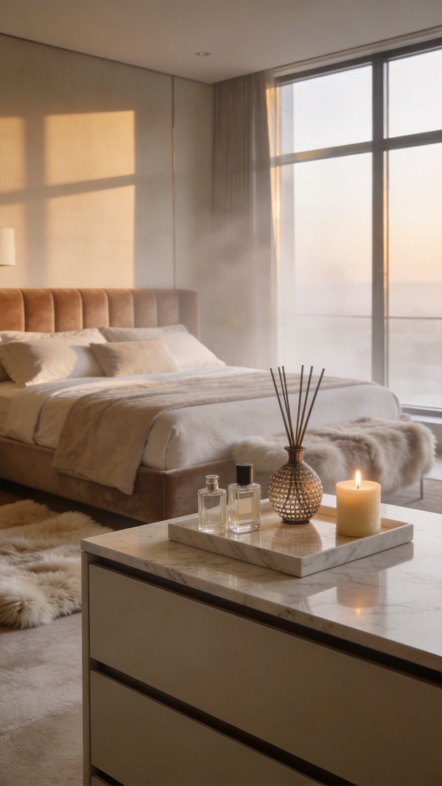A luxurious modern bedroom for a couple featuring an elegant scent station with glass diffusers and candles under warm sunlight.