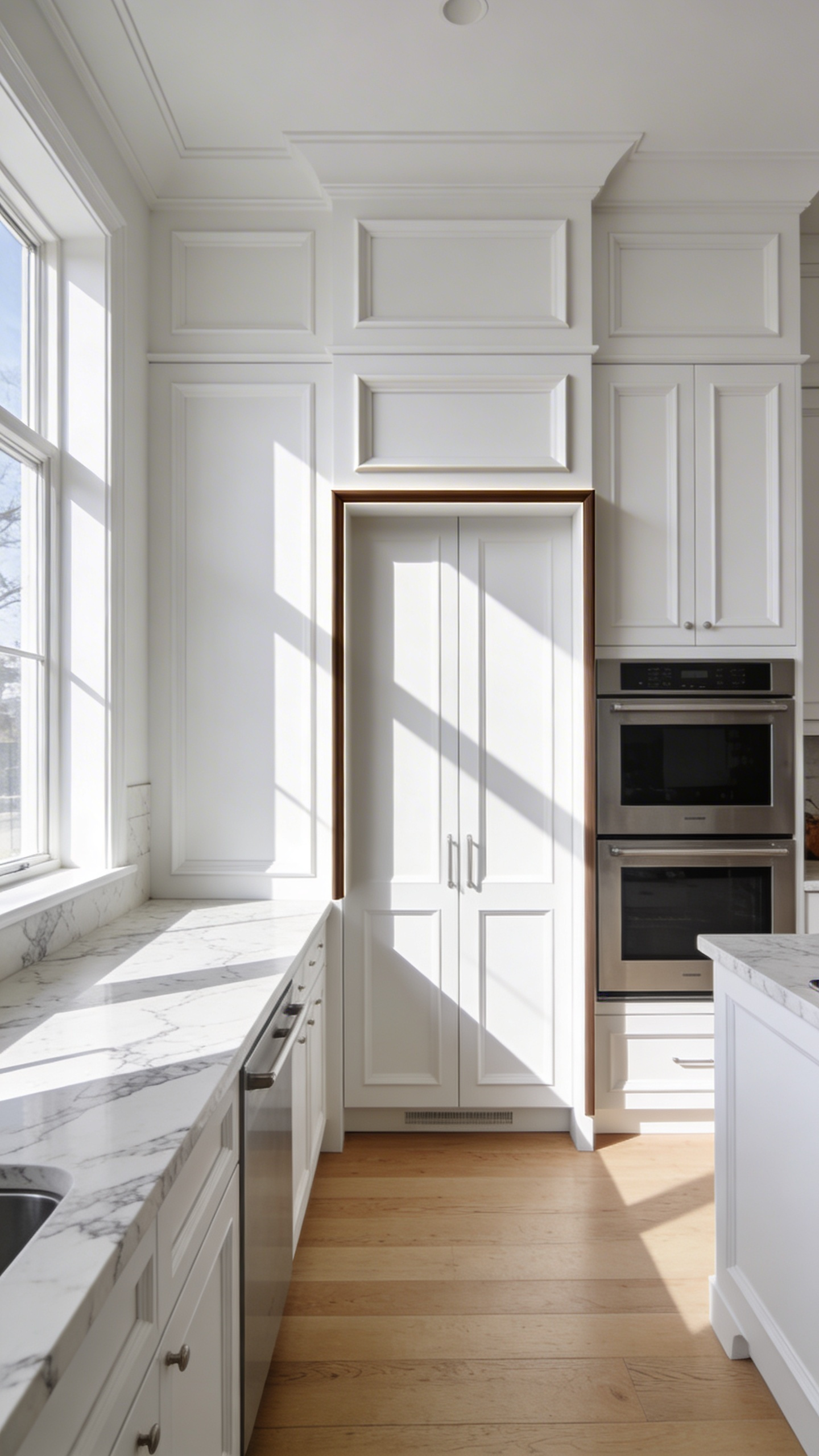 A bright white kitchen with bespoke Shaker cabinets featuring deep-set panels and architectural shadow lines.