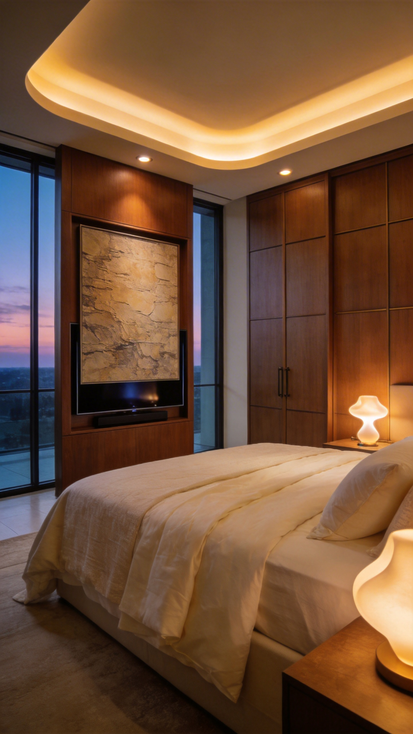 A luxury master bedroom showing a seamless wood-paneled wall and a framed art piece used to hide a television screen for a tech-free aesthetic.