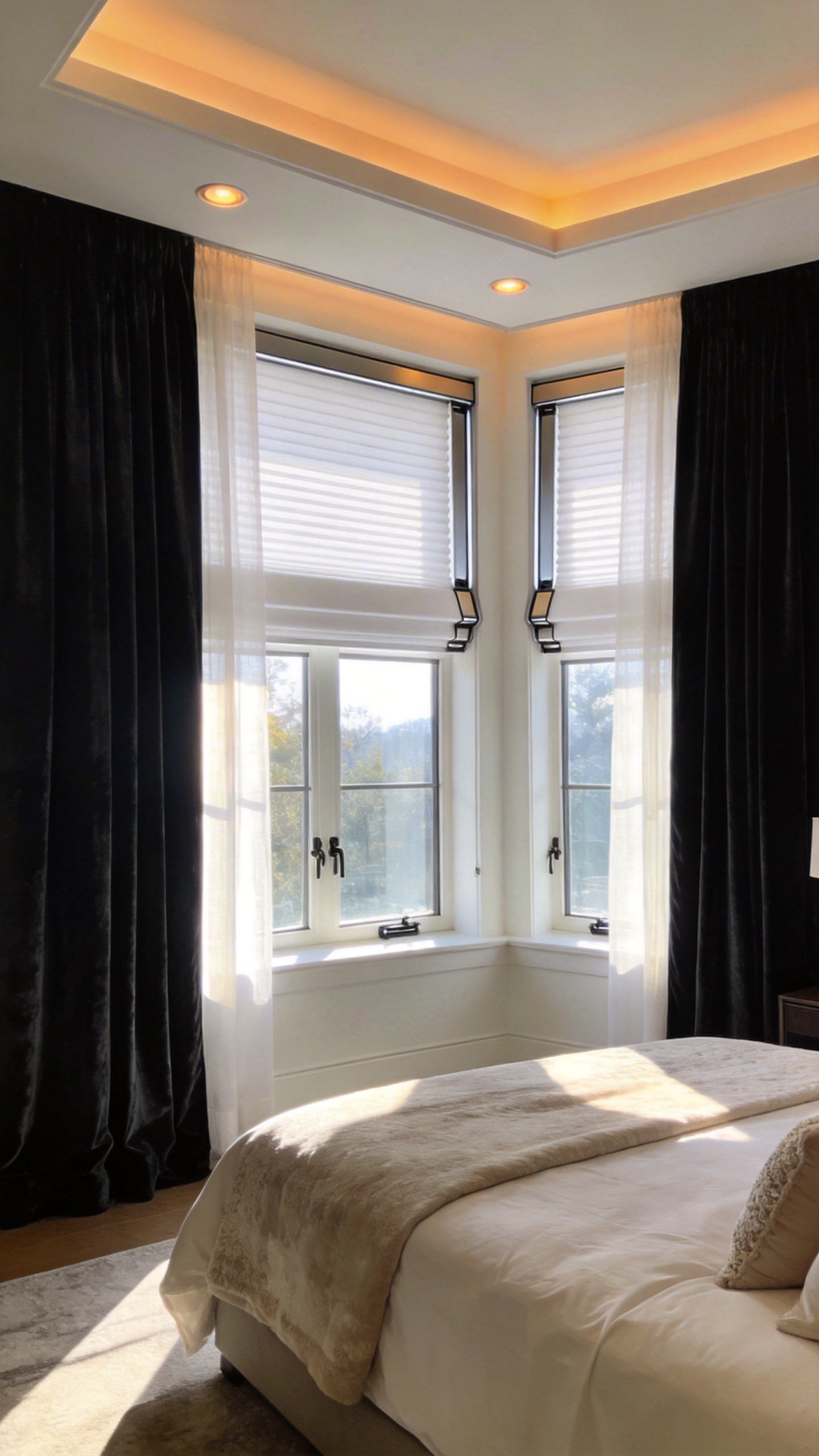 A luxurious master bedroom featuring a multi-layered window treatment system with cellular shades and velvet drapes designed for light and temperature control.