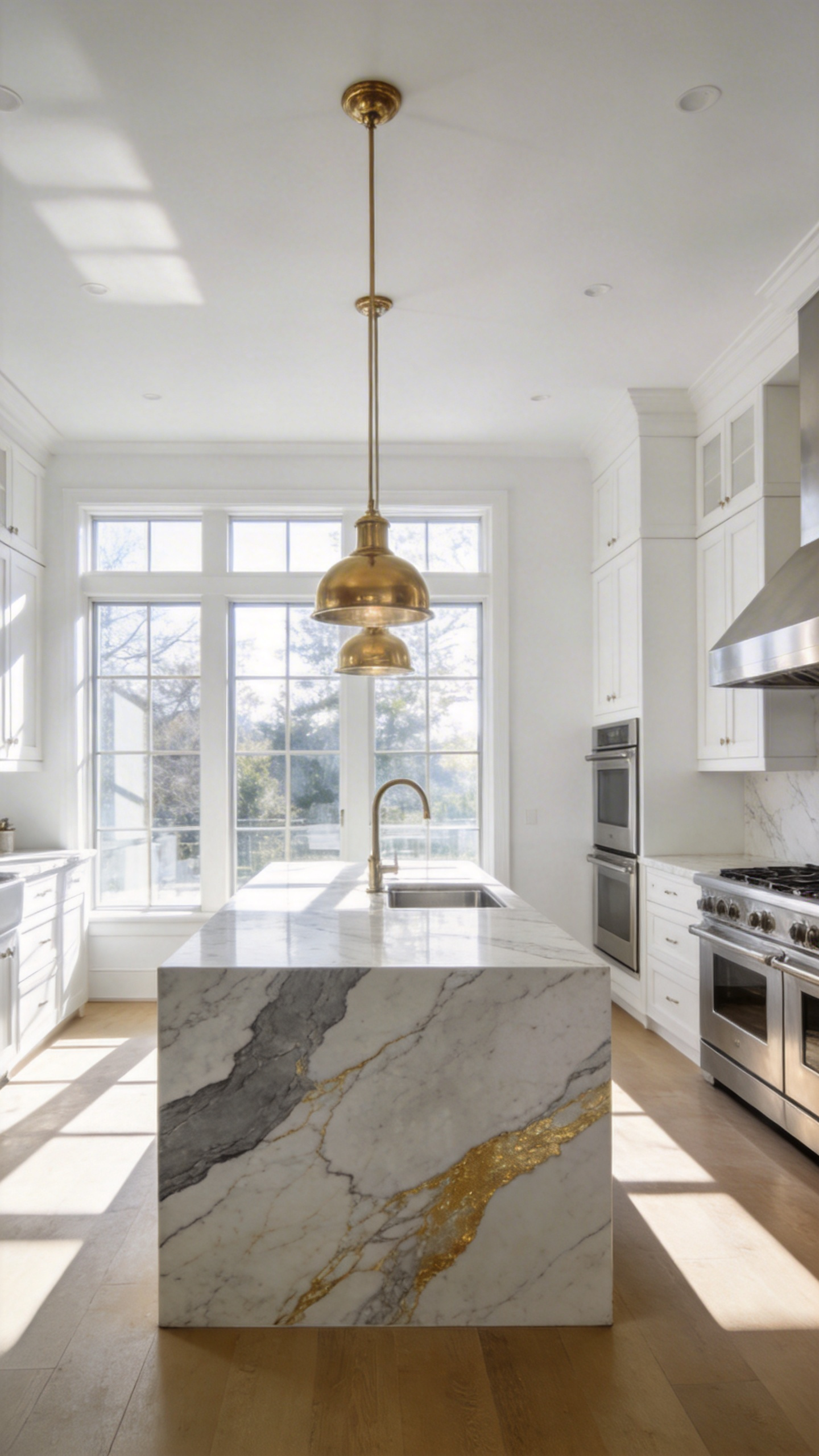 A luxurious white kitchen featuring a large Calacatta marble waterfall island with bold grey veining and brass hardware.