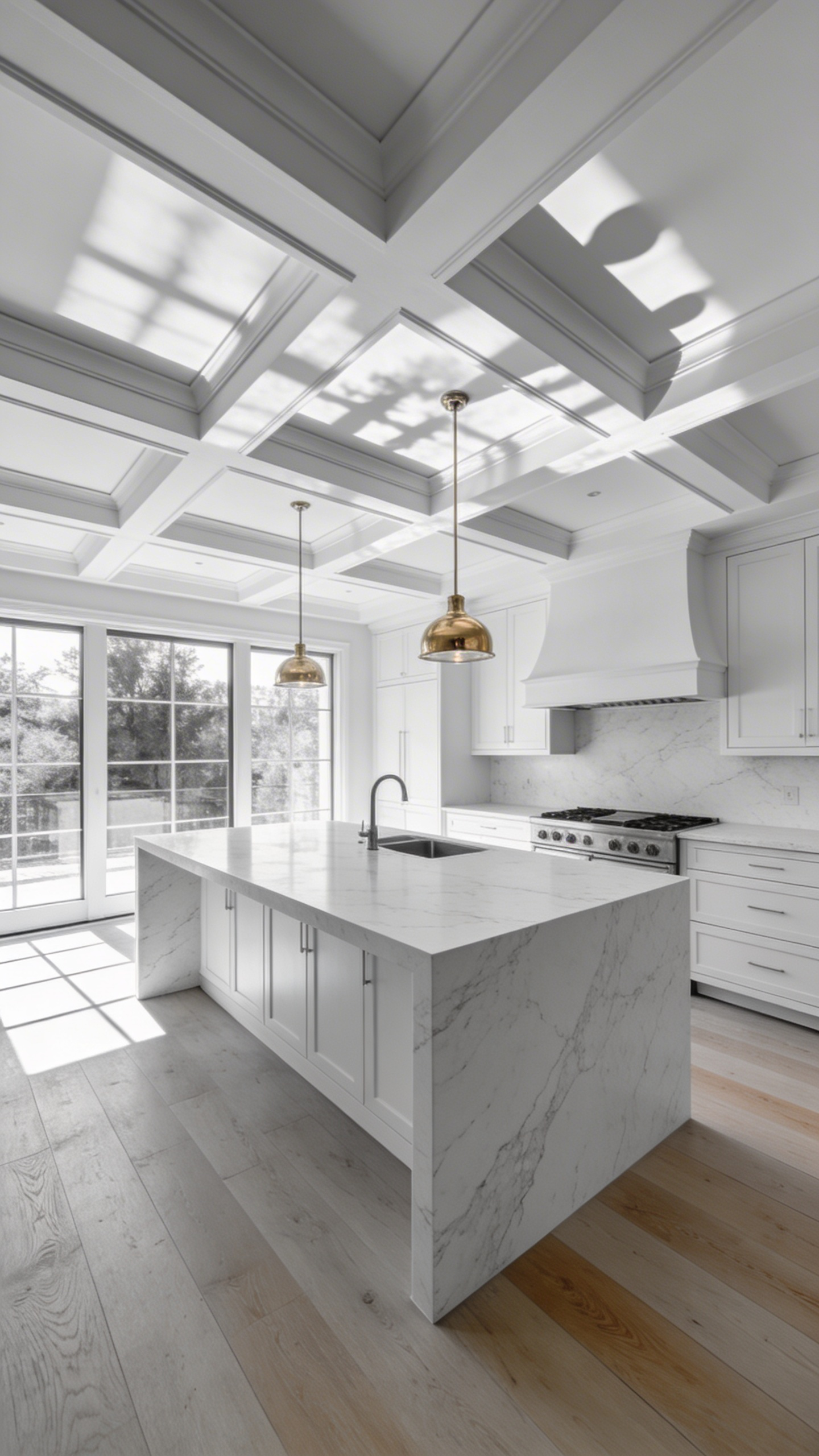 Luxury white kitchen featuring a deep coffered ceiling and architectural beams with natural sunlight creating soft shadows.