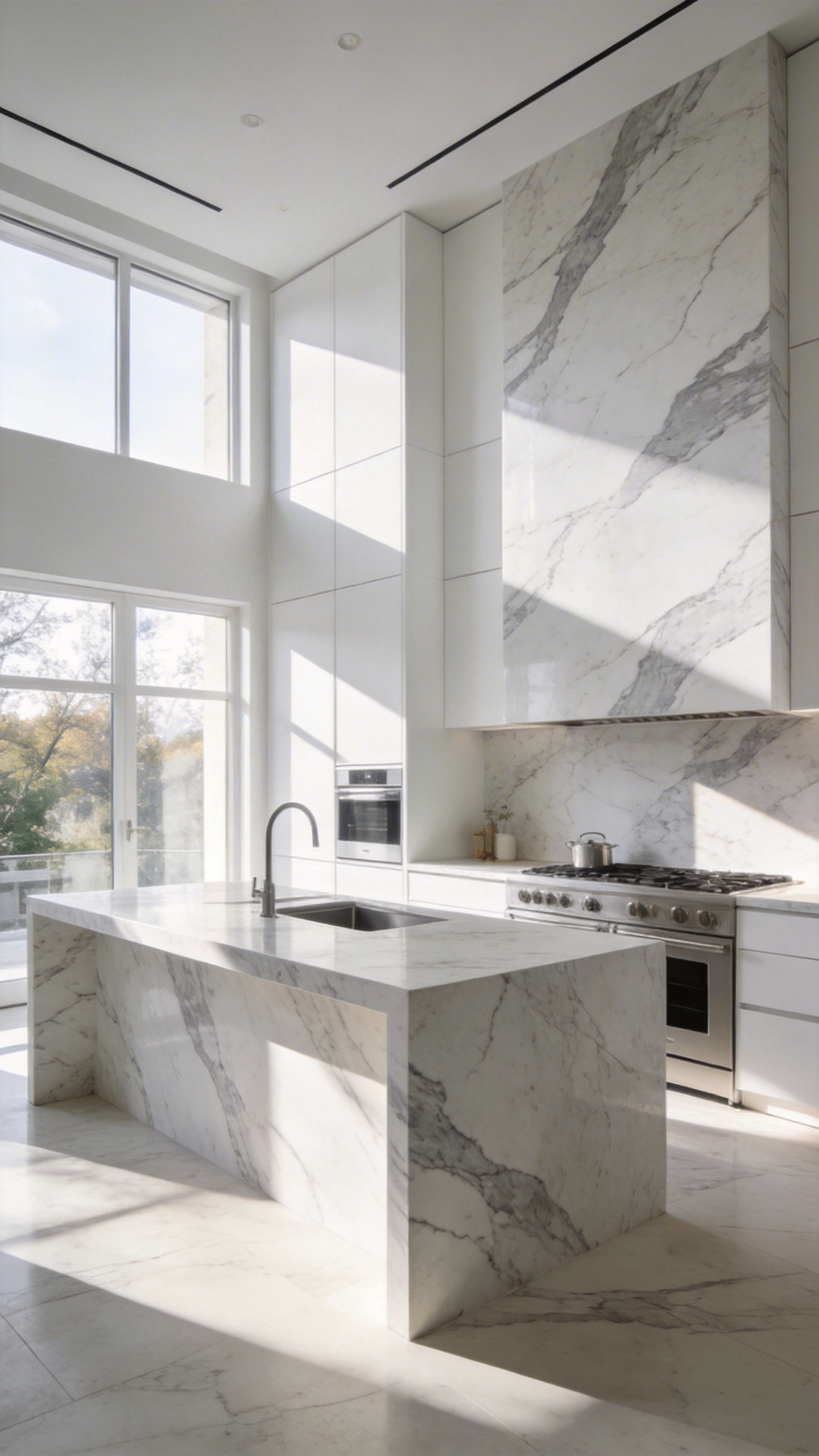 A luxury white kitchen featuring a seamless white marble slab backsplash with elegant grey veining and minimalist modern cabinetry.