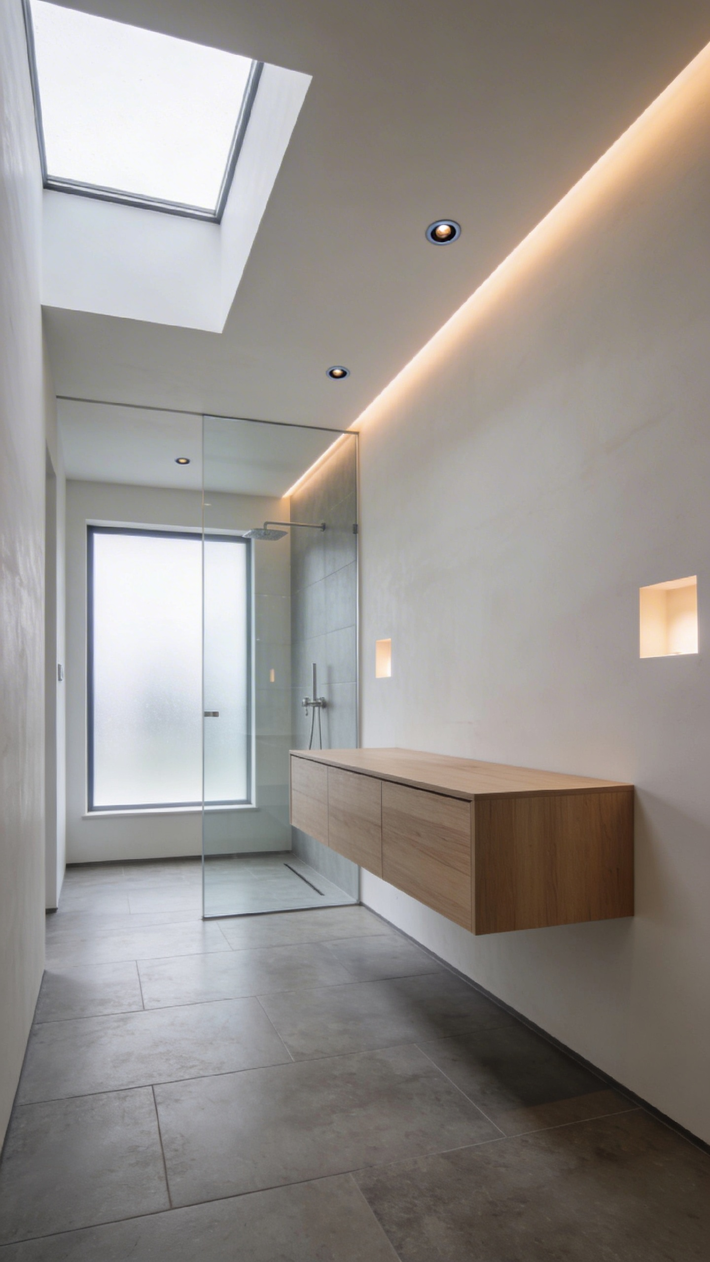 A sleek, minimalist bathroom featuring integrated recessed smart technology, smooth plaster walls without switch plates, and architectural lighting.