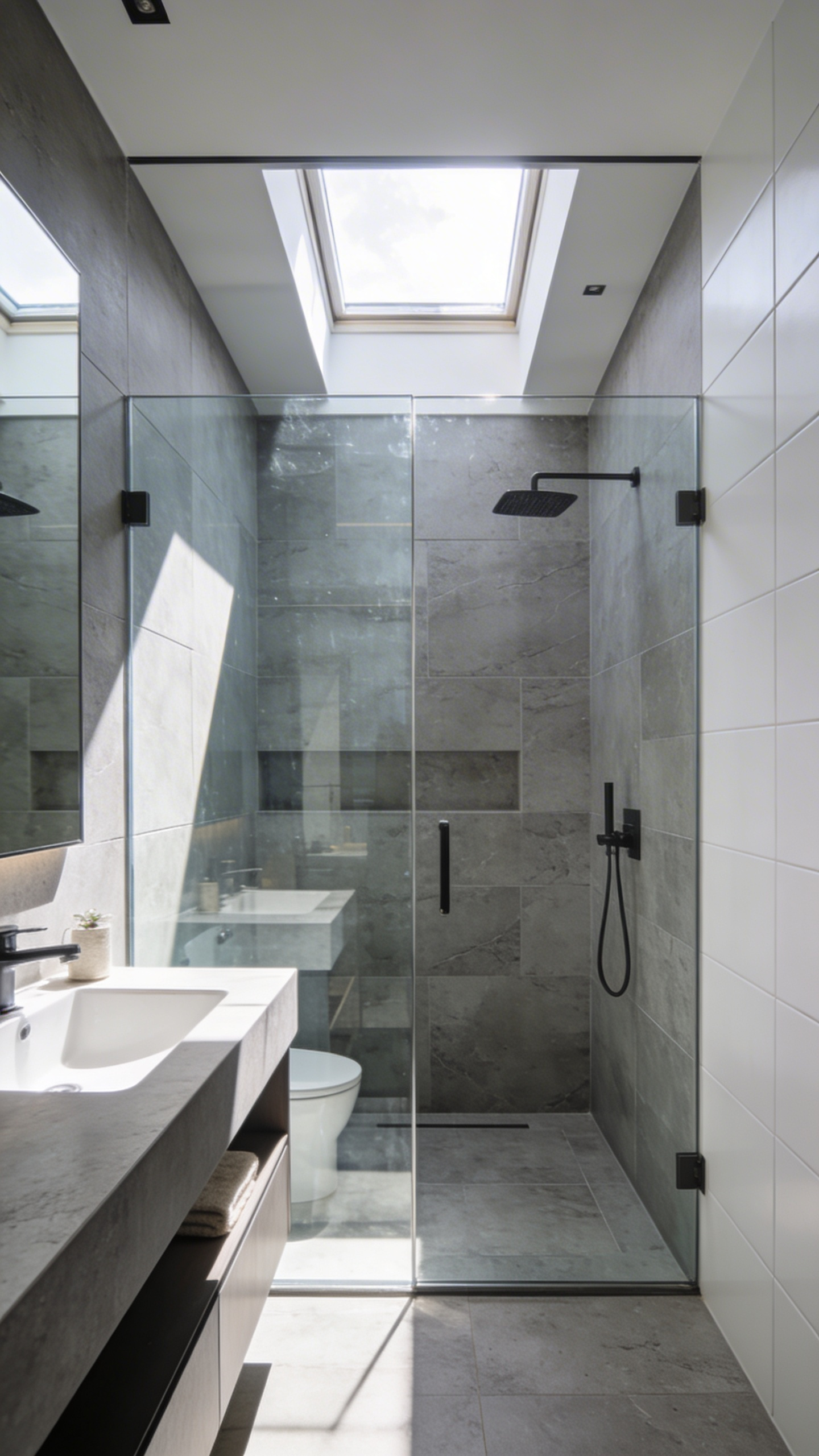 A modern minimalist bathroom featuring a frameless glass shower that creates an uninterrupted view of the stone tile walls and floor.