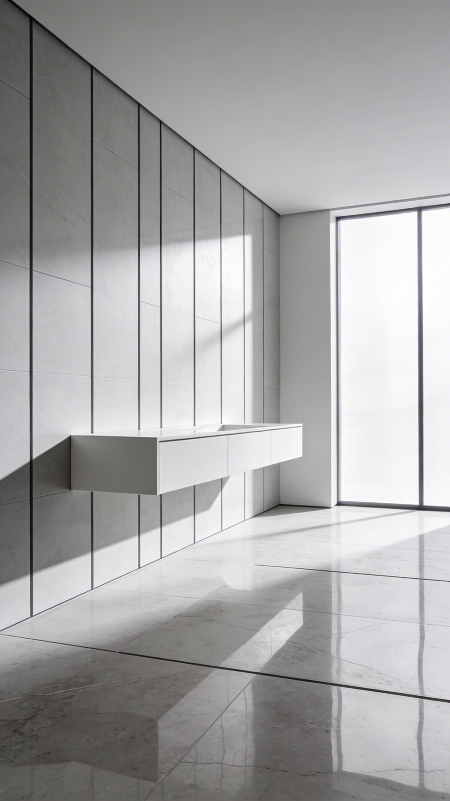 A modern minimalistic bathroom showcasing a sharp floating vanity and linear wall tiles with precise geometric alignment.