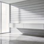 A modern minimalistic bathroom showcasing a sharp floating vanity and linear wall tiles with precise geometric alignment.