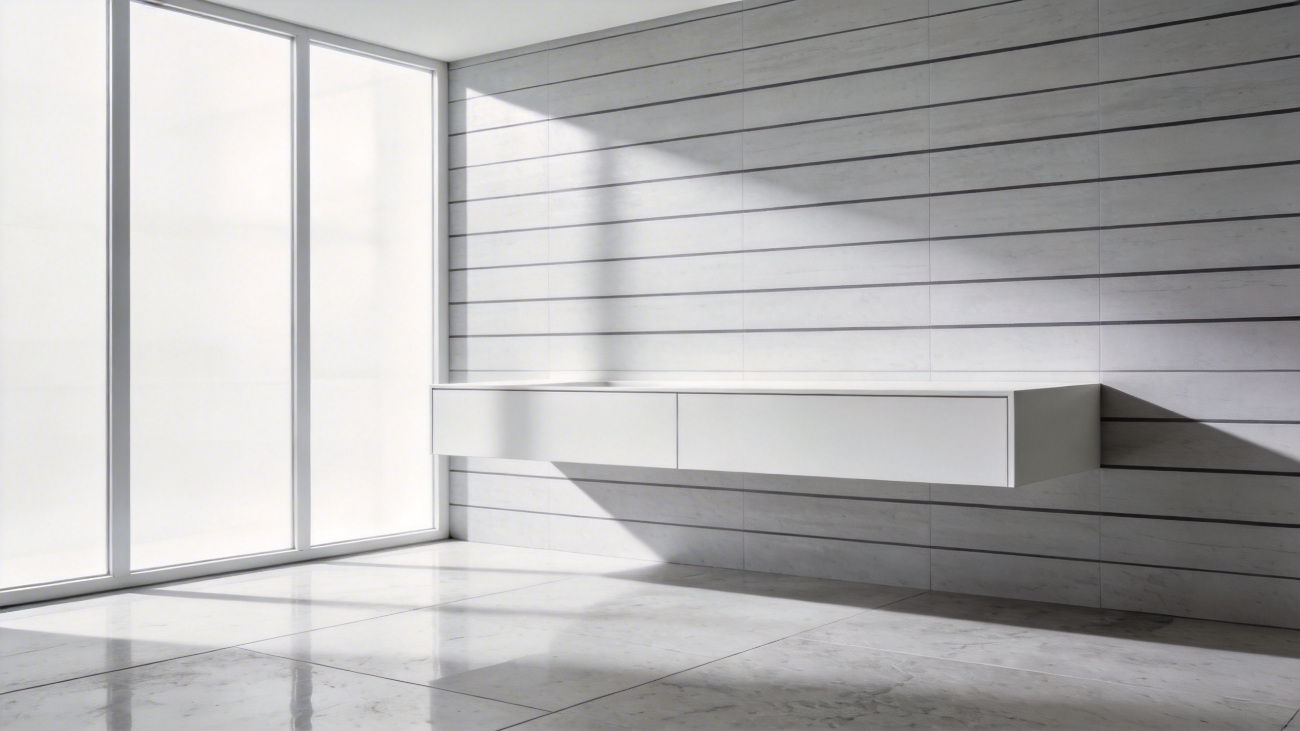 A modern minimalistic bathroom showcasing a sharp floating vanity and linear wall tiles with precise geometric alignment.