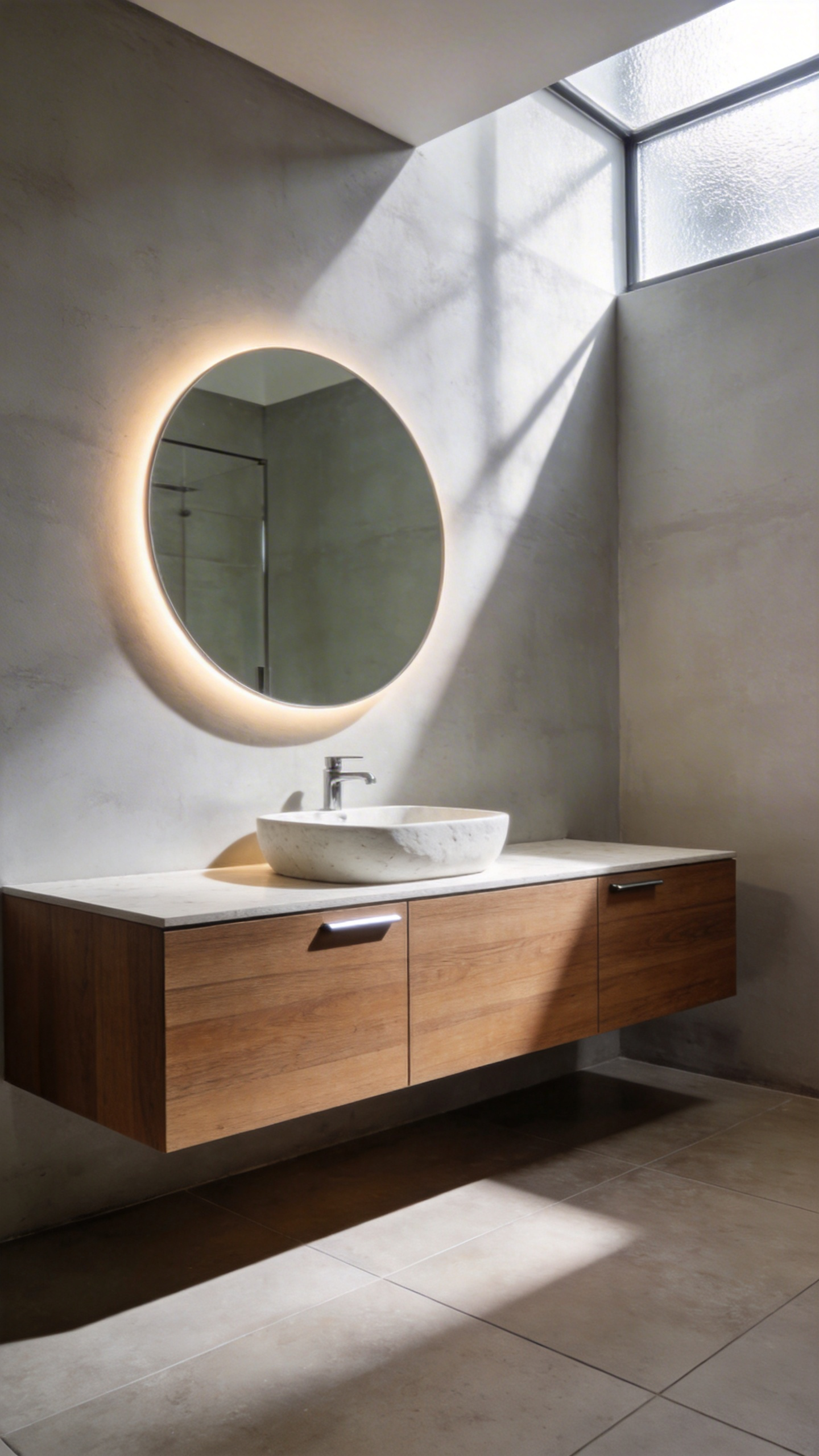 A modern minimalist bathroom featuring a handleless floating wooden vanity and a circular backlit mirror with clean lines and natural lighting.
