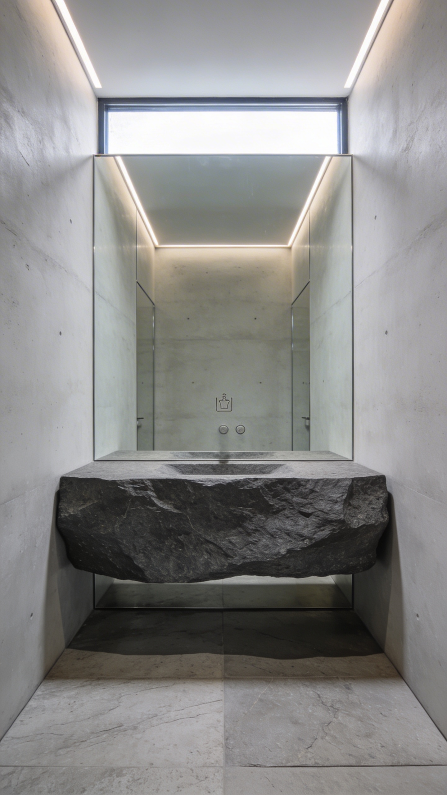A sleek minimalist bathroom featuring a monolithic stone vanity and a seamless mirror with hidden storage and integrated invisible technology.