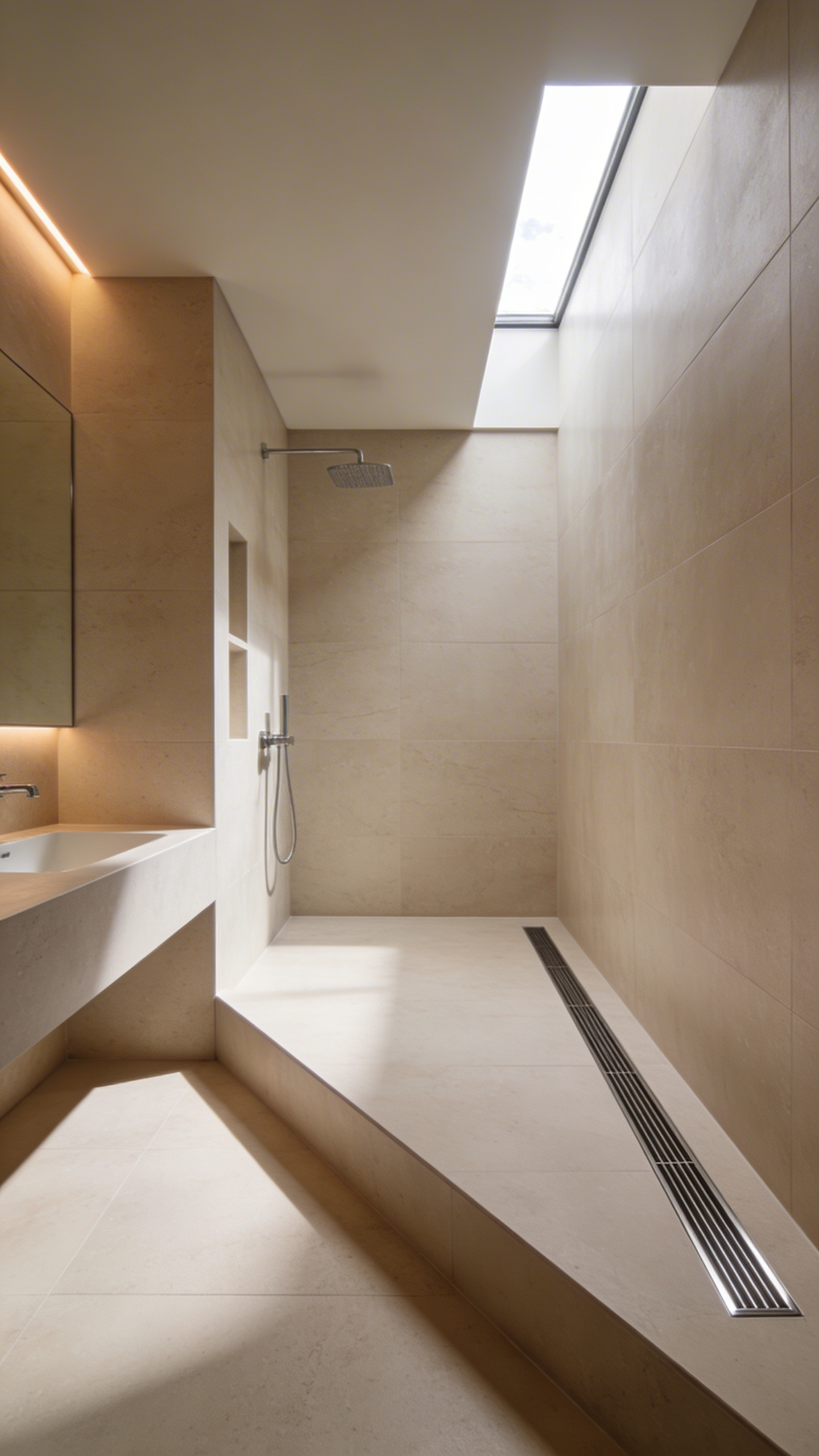 A modern minimalistic bathroom with large-format porcelain tiles and a seamless curbless shower featuring a sleek architectural linear drain.