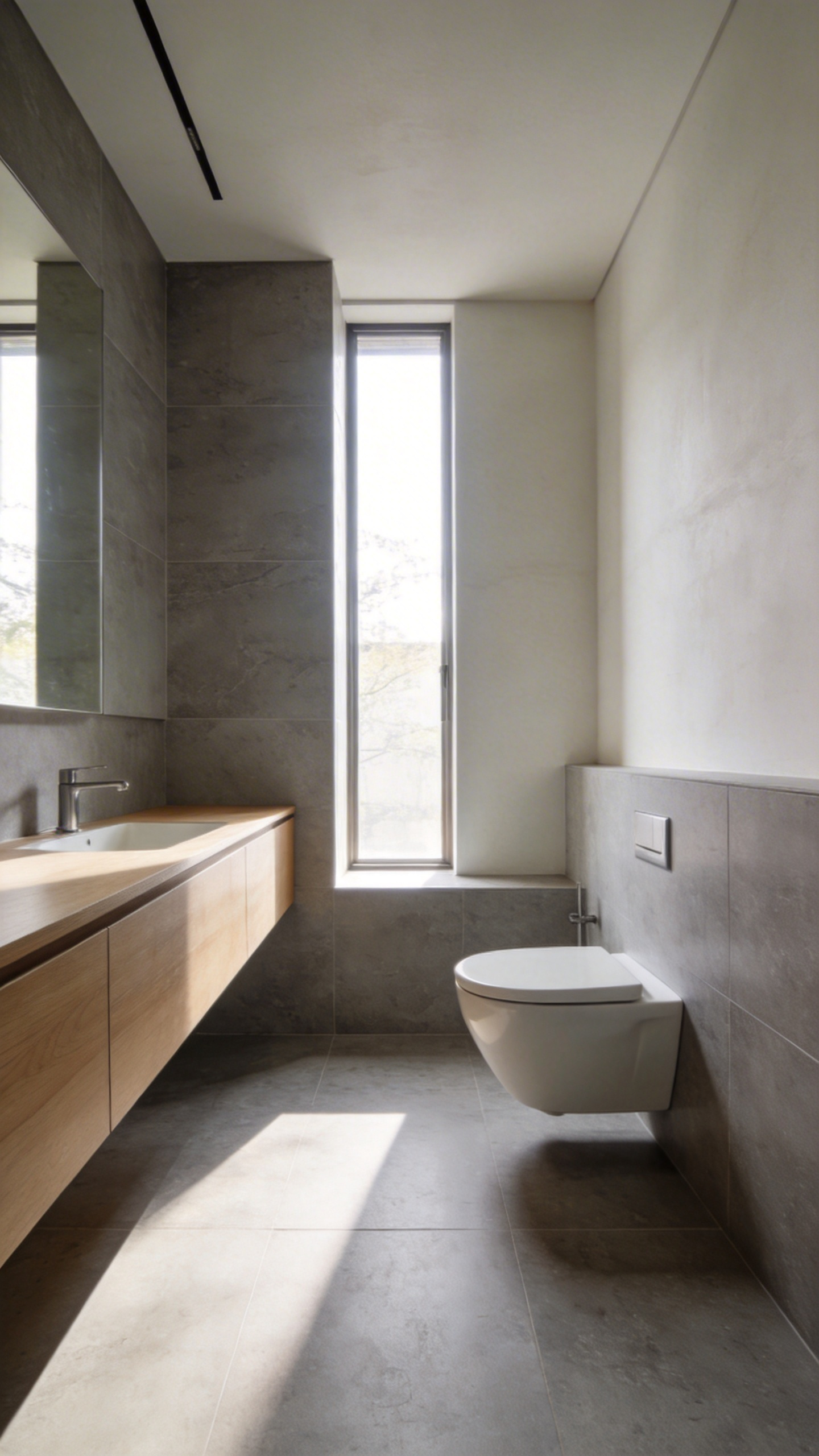 A spacious minimalistic bathroom featuring a floating wooden vanity and wall-mounted toilet to create an uninterrupted floor plane and airy atmosphere.