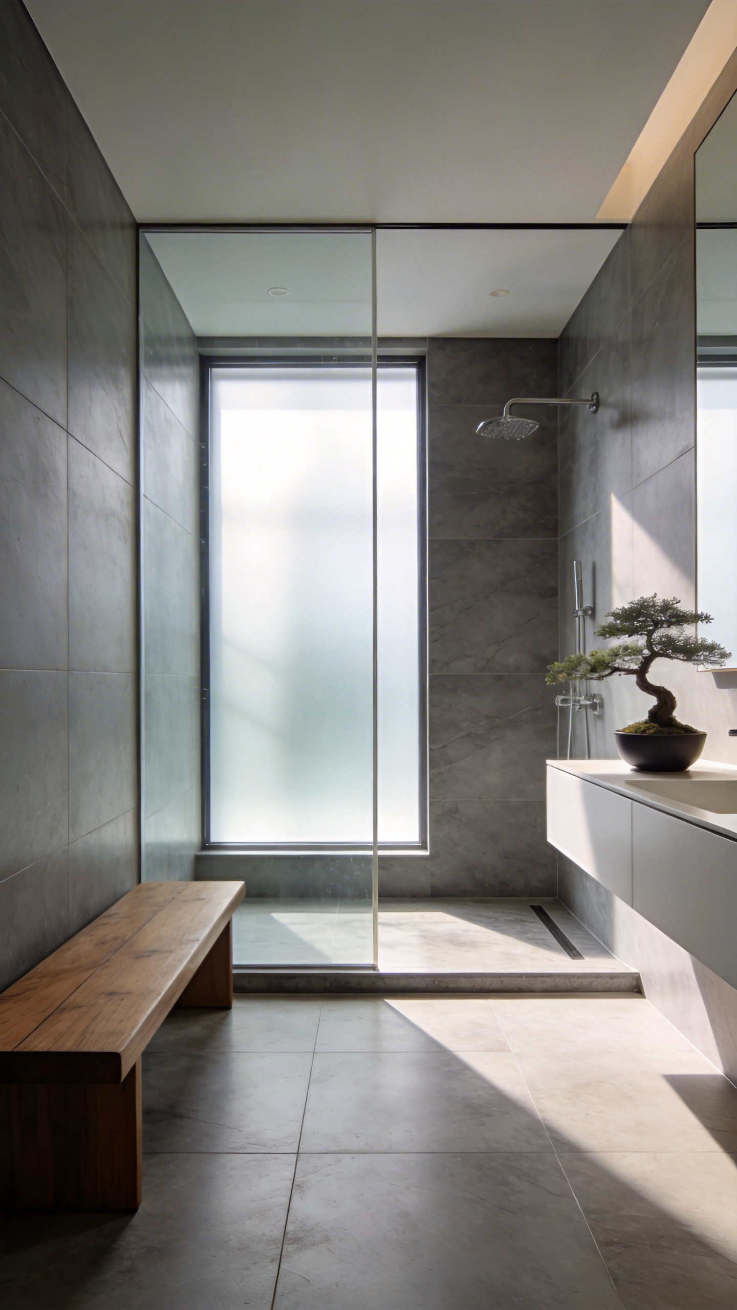 A minimalist modern bathroom with seamless grey stone flooring and a curbless walk-in glass shower inspired by Japanese wet room design.