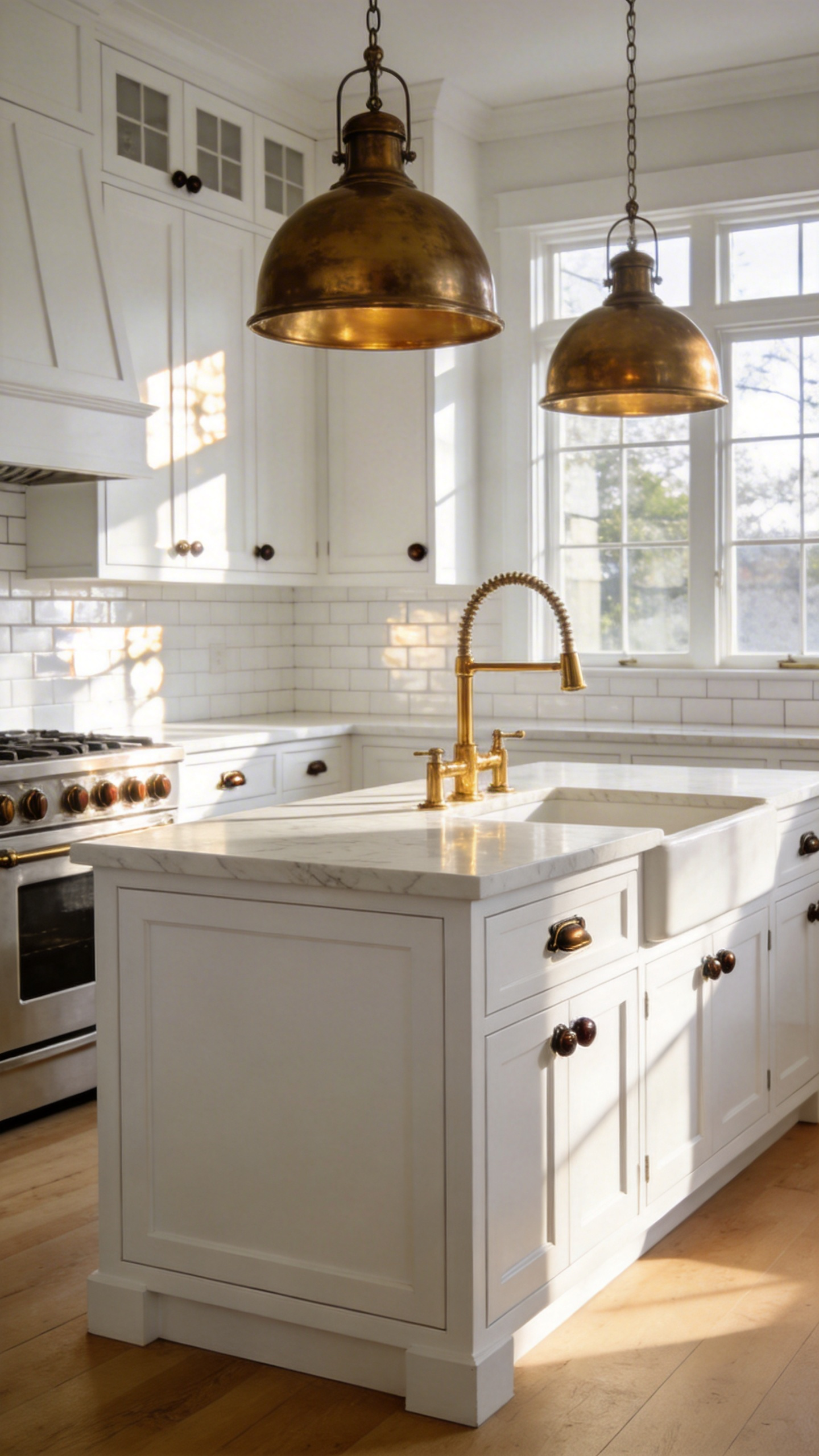 A bright white luxury kitchen featuring a blend of polished nickel plumbing fixtures and burnished bronze cabinet handles on white marble countertops.
