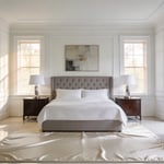 A perfectly symmetrical master bedroom with a centered king bed, matching nightstands, and equal walking space on both sides following Neoclassical design principles.