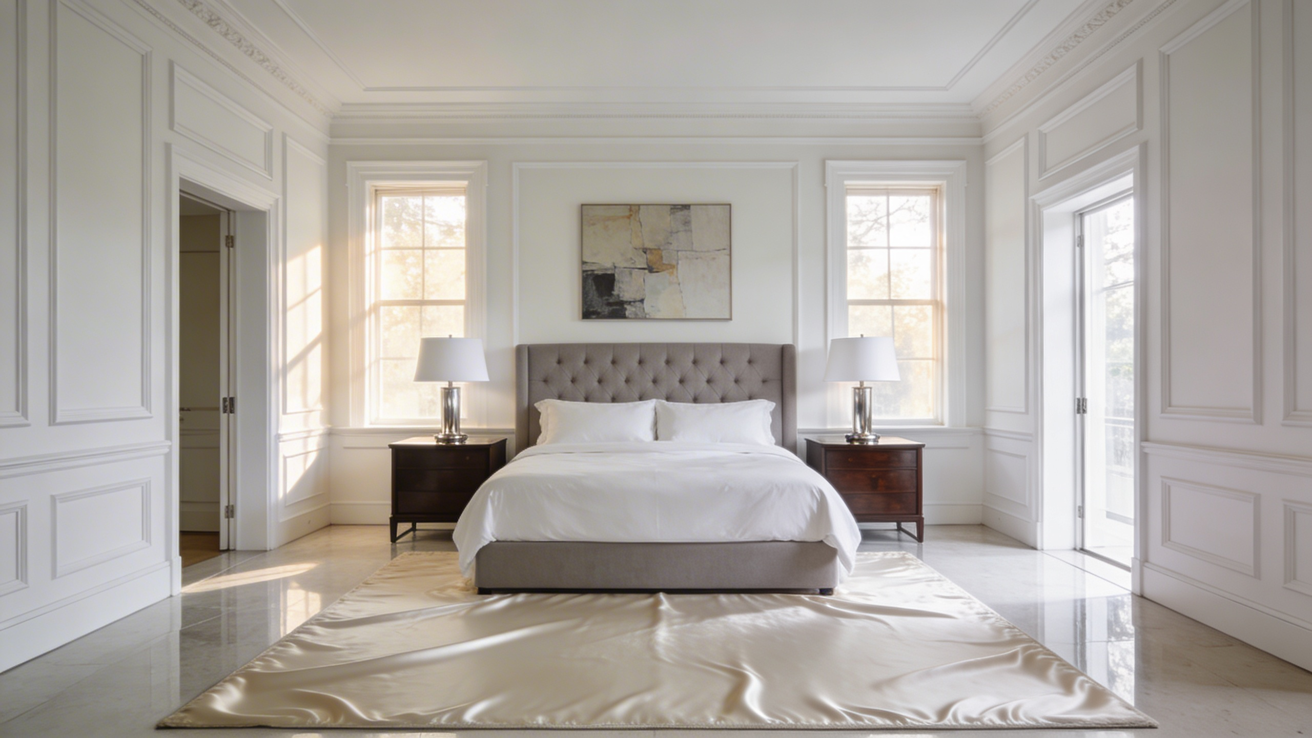 A perfectly symmetrical master bedroom with a centered king bed, matching nightstands, and equal walking space on both sides following Neoclassical design principles.