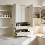 A bright, organized kitchen featuring multiple cabinet organization solutions working together to maximize storage and accessibility.