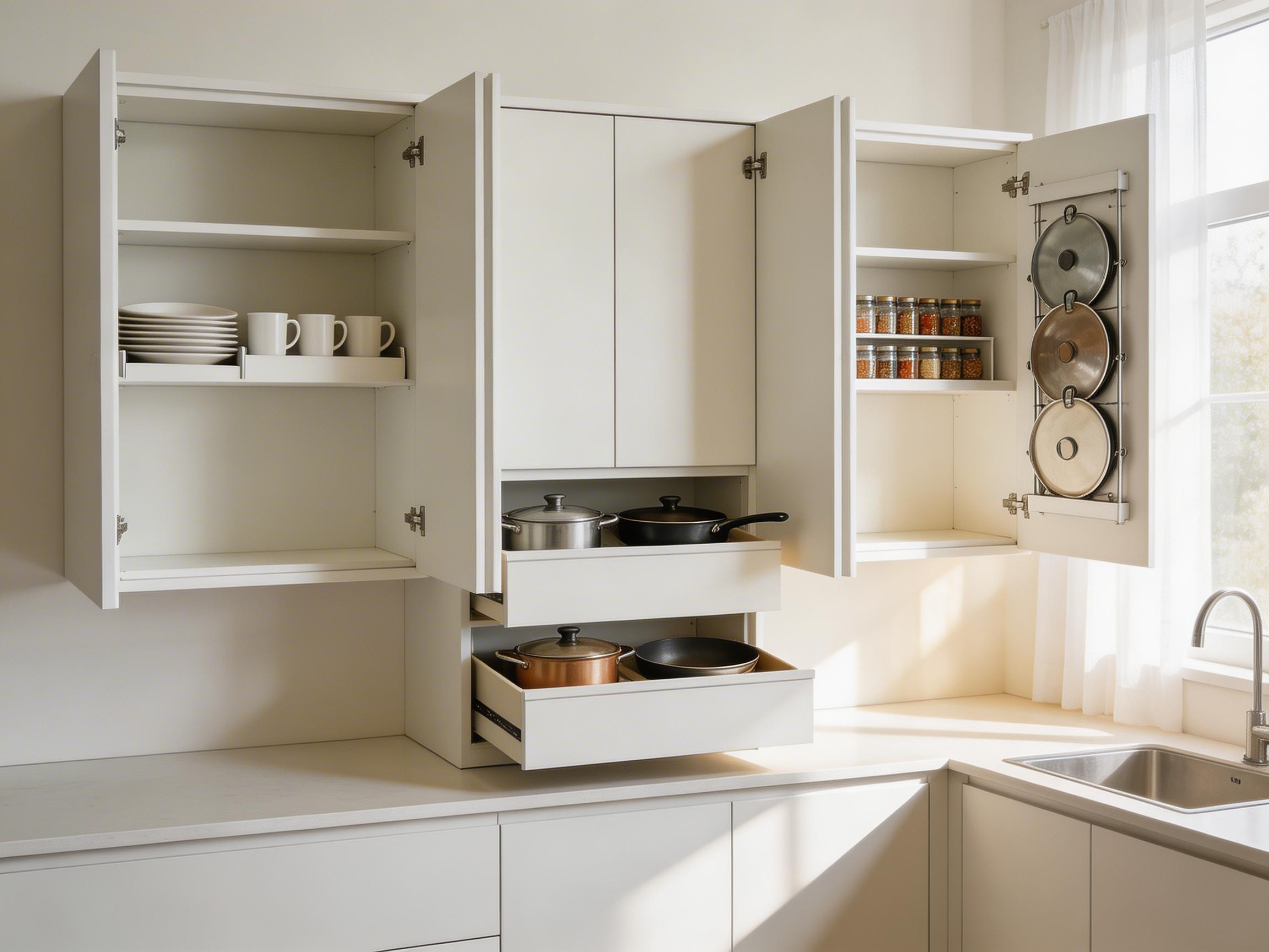 A bright, organized kitchen featuring multiple cabinet organization solutions working together to maximize storage and accessibility.
