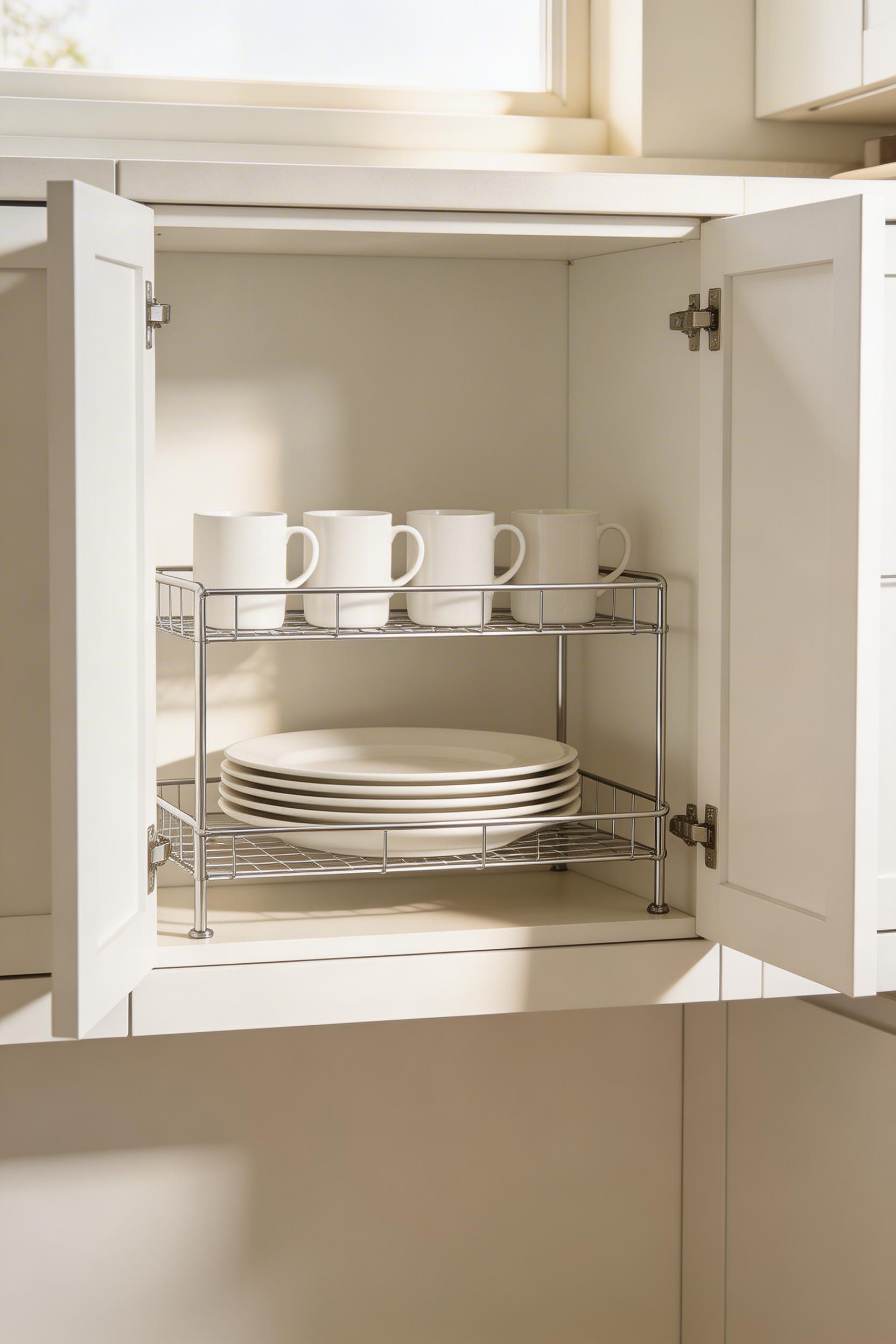 Stackable shelf risers double your storage capacity by creating a second tier inside cabinets, keeping dishes organized and easily accessible.