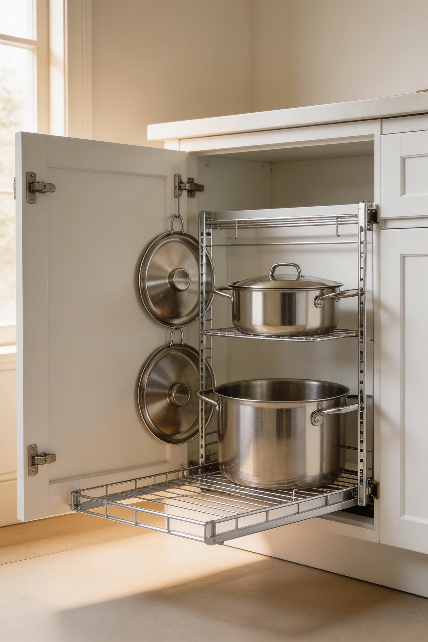 Pull-out pots and pans organizers extend fully to let you access your cookware without digging into deep cabinets, with each piece on its own rail.