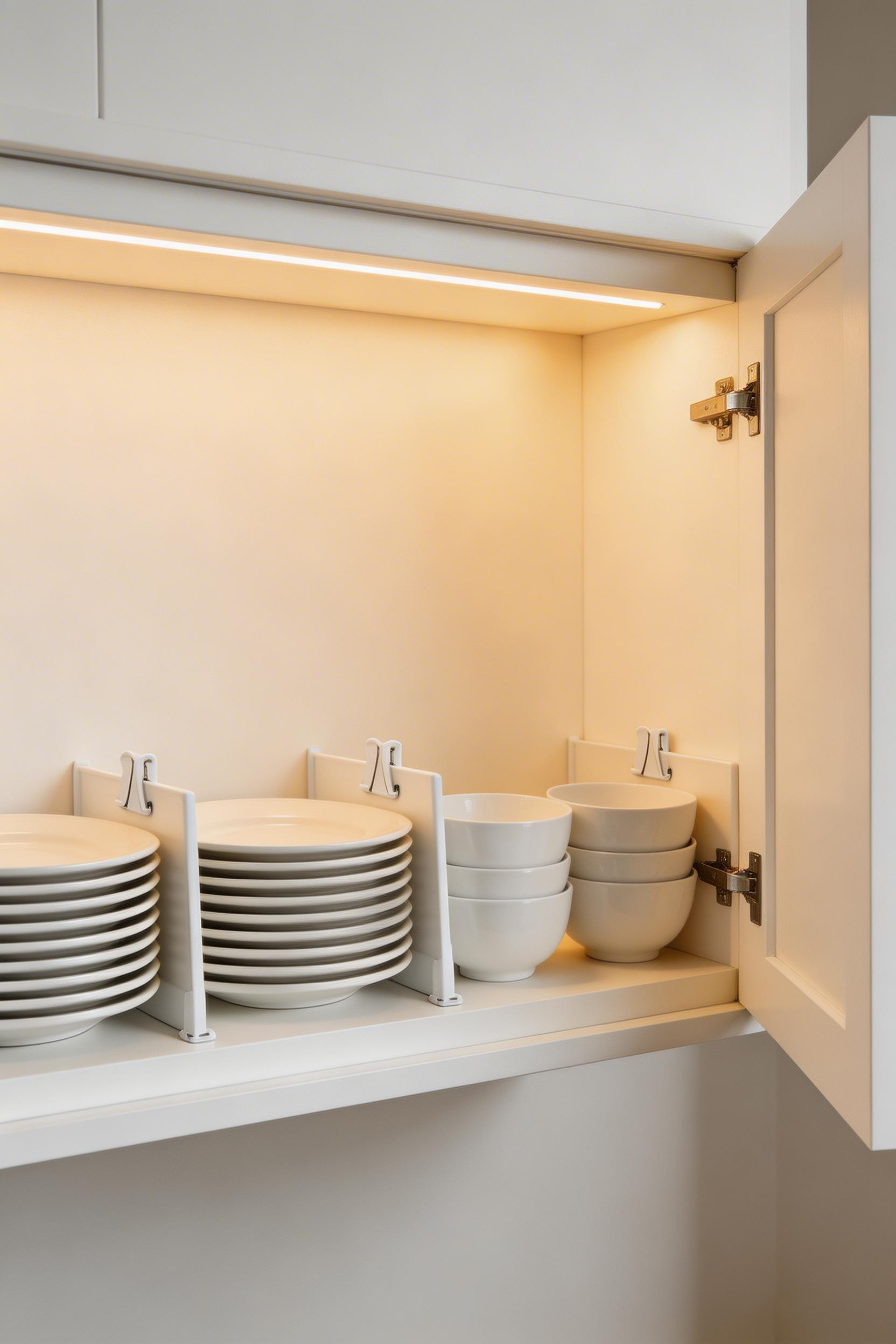 Clip-on shelf dividers prevent your stacked dishes from toppling over while keeping plates and bowls in separate, organized sections.