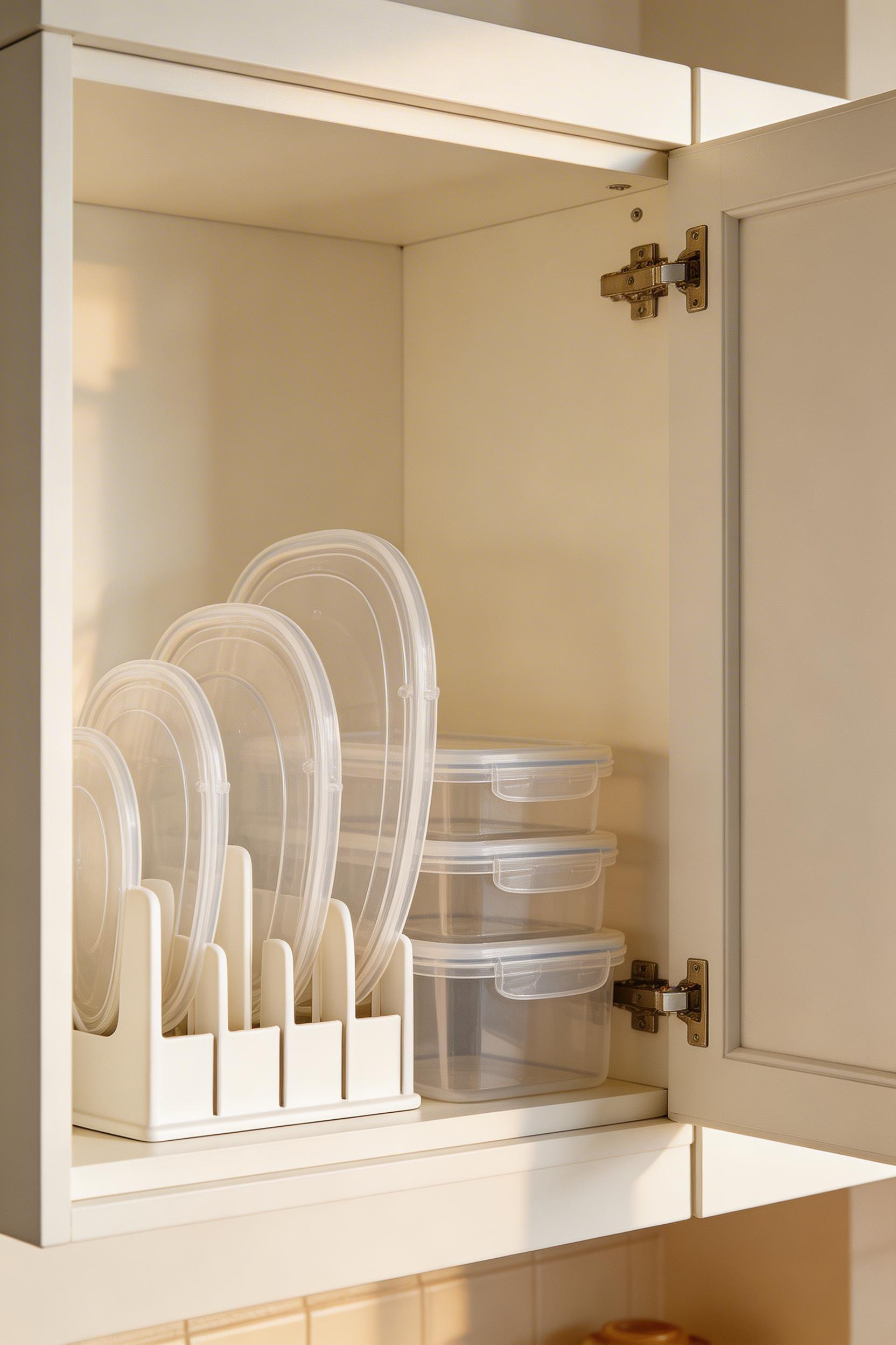 Upright lid organizers keep plastic food container lids organized by size and easy to find, while the matching containers stack neatly beside them.