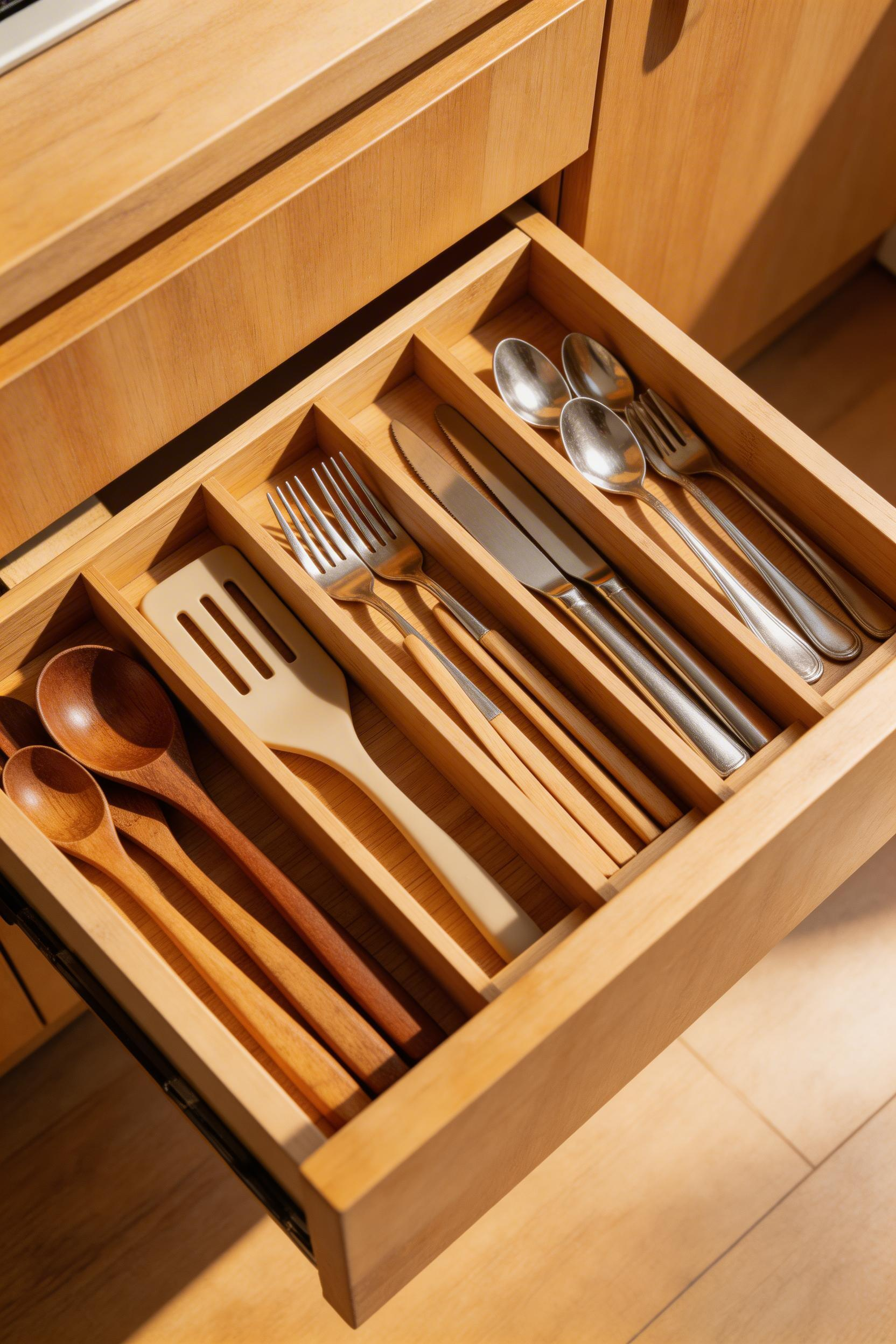Bamboo drawer inserts with adjustable compartments keep your cooking utensils, spoons, and spatulas organized and easy to find at a glance.