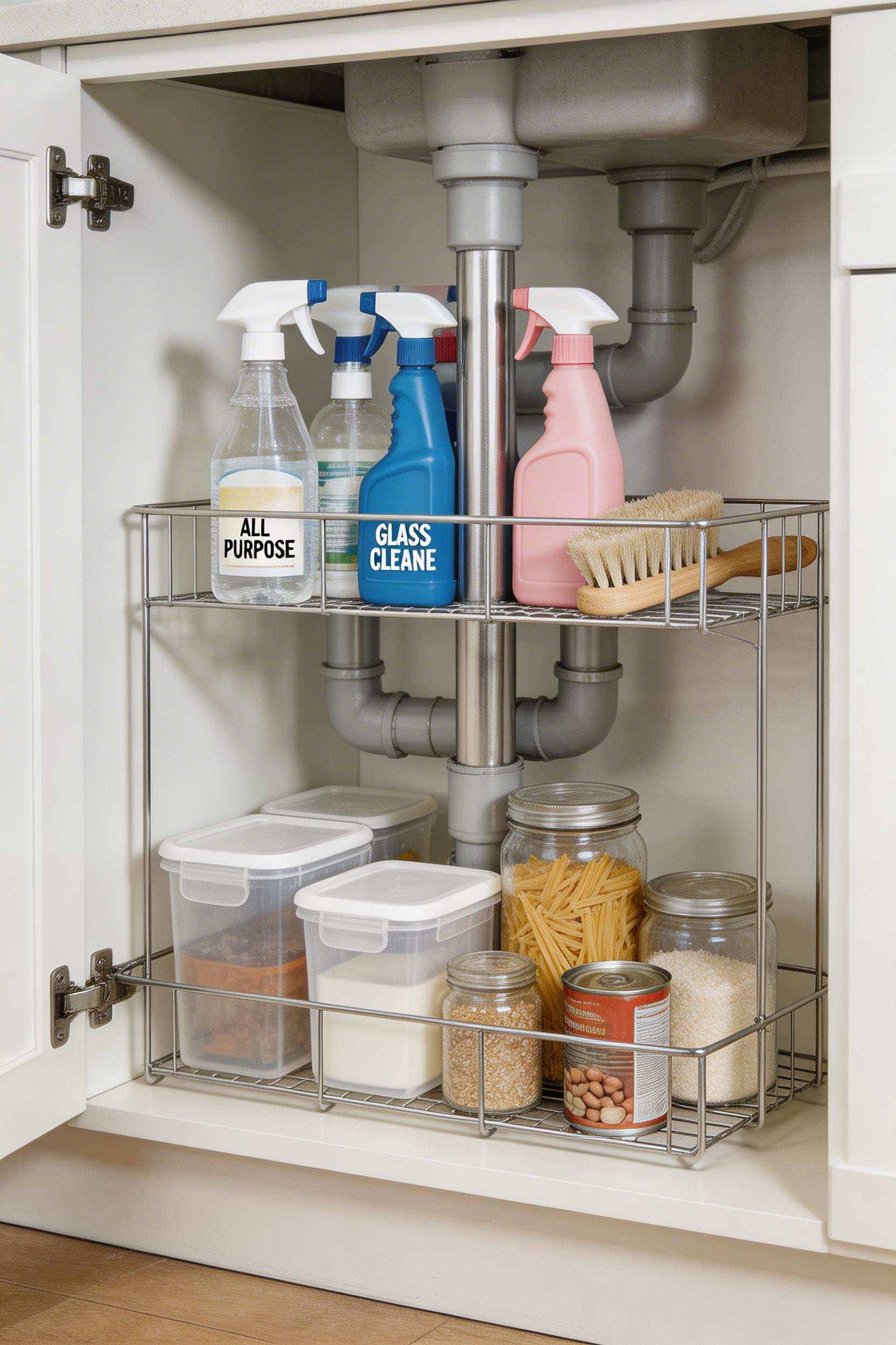 Two-tier under-sink organizers make the most of awkward cabinet space while working around pipes, keeping cleaning supplies and extra items separated and accessible.
