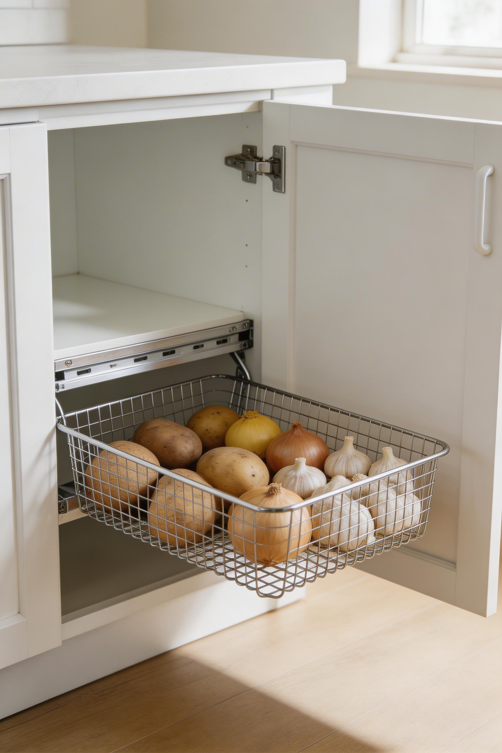 Ventilated wire pull-out baskets keep produce like potatoes and onions organized while allowing air circulation to keep them fresh longer.