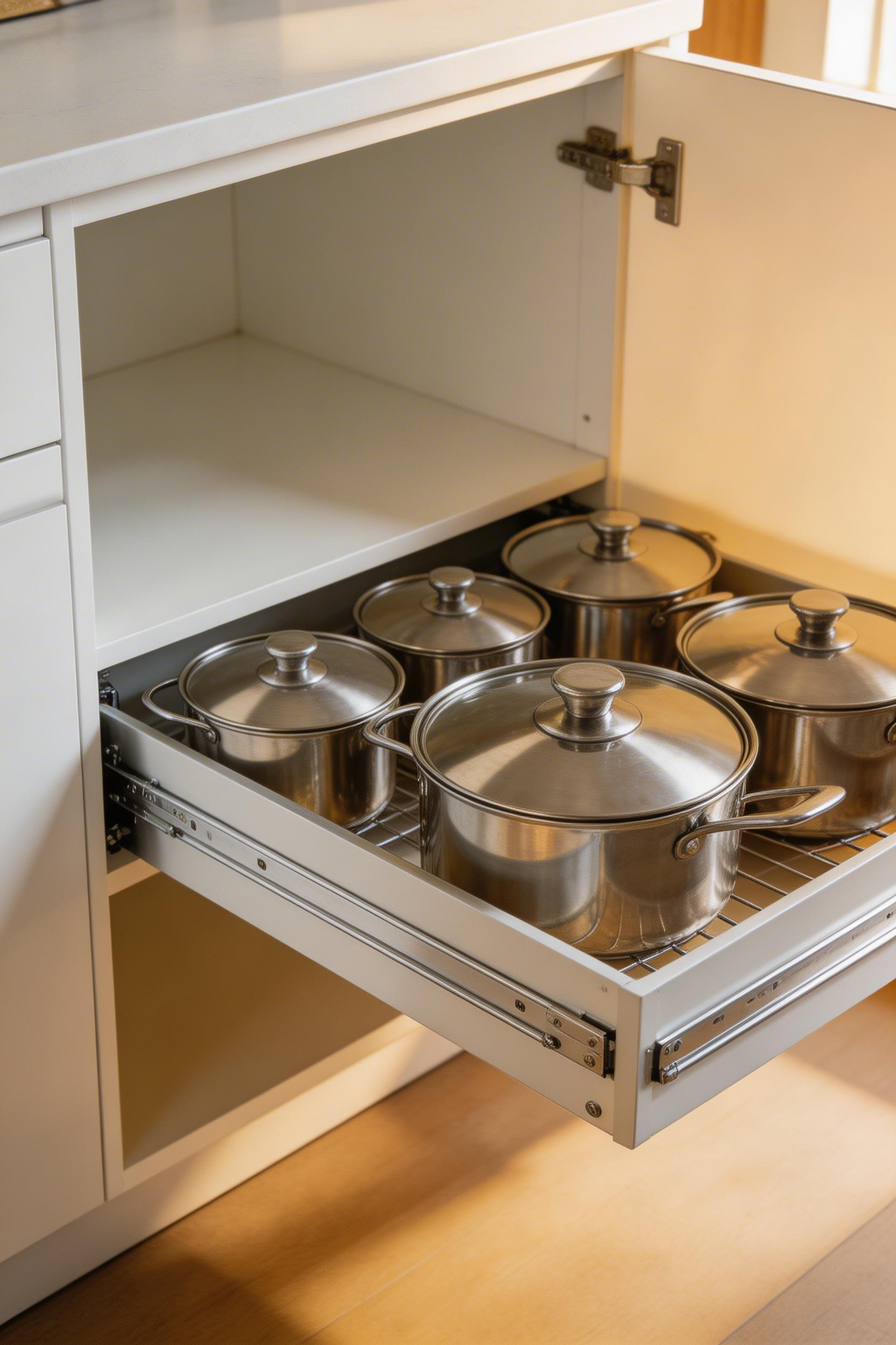 Pull-out drawer inserts extend fully to give you complete access to the back of your lower cabinets, making it easy to grab pots and pans without bending deep inside.