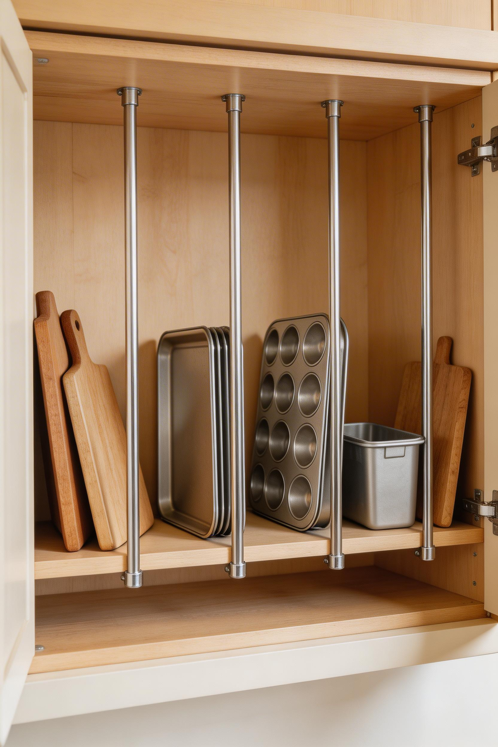Tension rod dividers keep baking sheets, cutting boards, and muffin tins standing upright and separated, making them easy to grab without disturbing everything else.