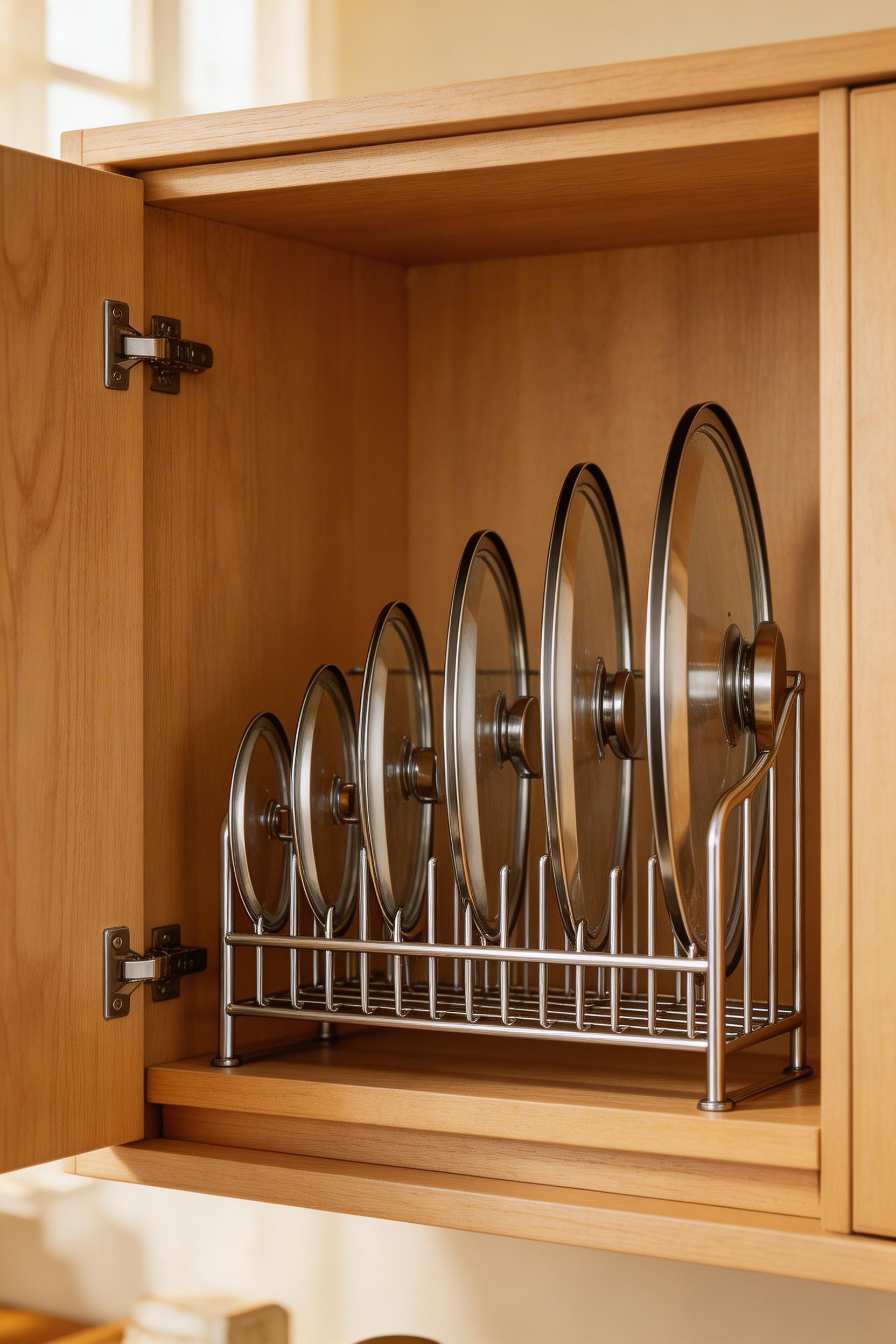 Adjustable lid organizers hold pot and pan lids upright in a row, preventing the chaotic scramble of finding matching lids and maximizing cabinet space.