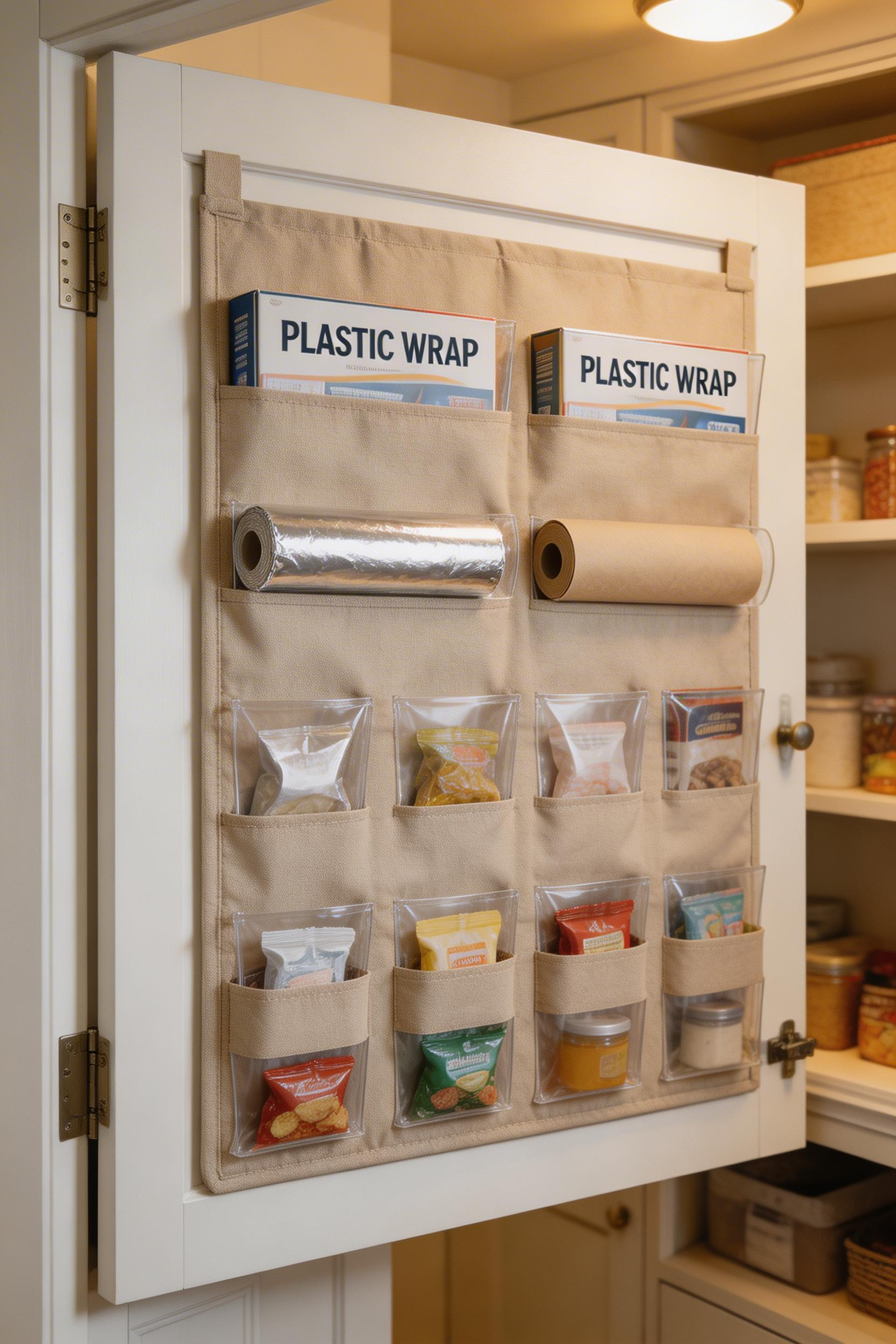 Over-the-door fabric organizers maximize pantry space by storing plastic wraps, bags, and small items in easy-access pockets right on the cabinet door.