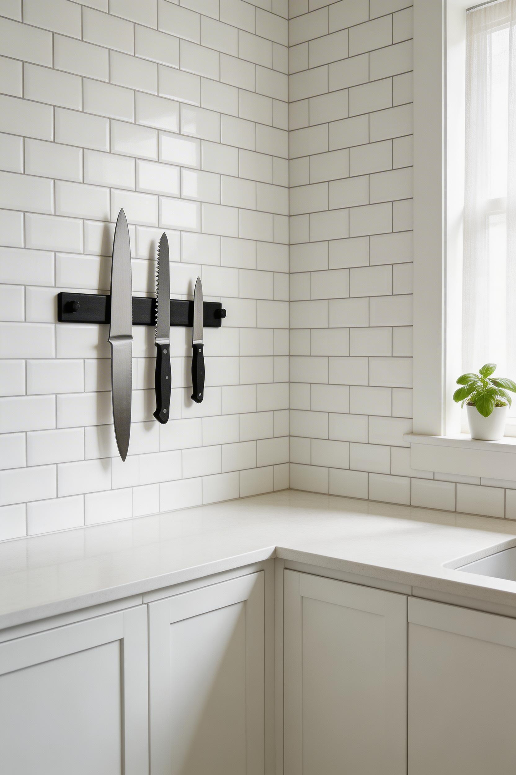 A magnetic knife strip mounts cleanly on your backsplash to display knives while freeing up drawer space and keeping blades sharp and easily accessible.