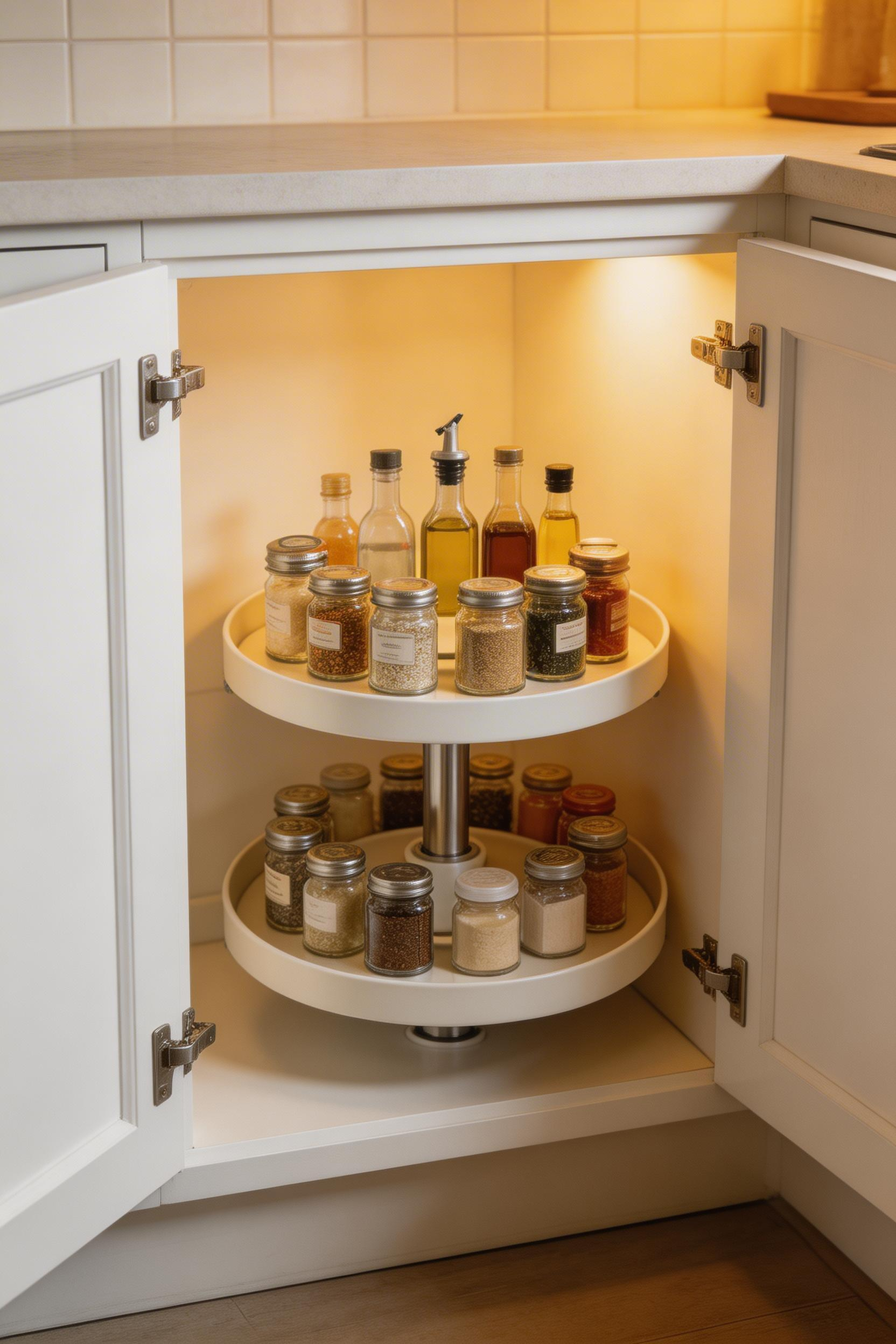 A two-tier lazy Susan turntable lets you access everything in your corner cabinet without reaching to the back, perfect for spices and condiments.